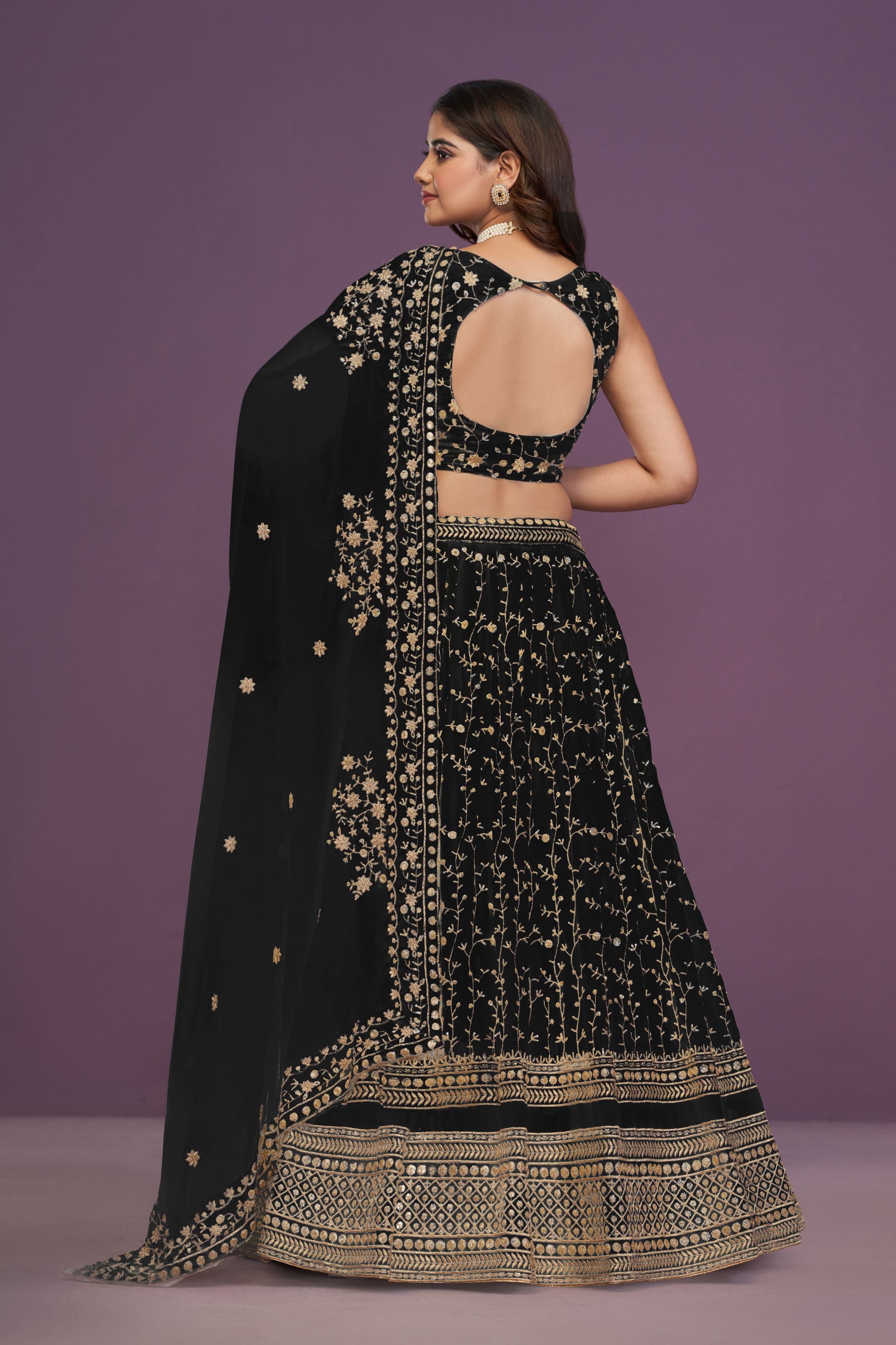 Black Georgette zari Sequence Embroidery Work Lehenga Choli