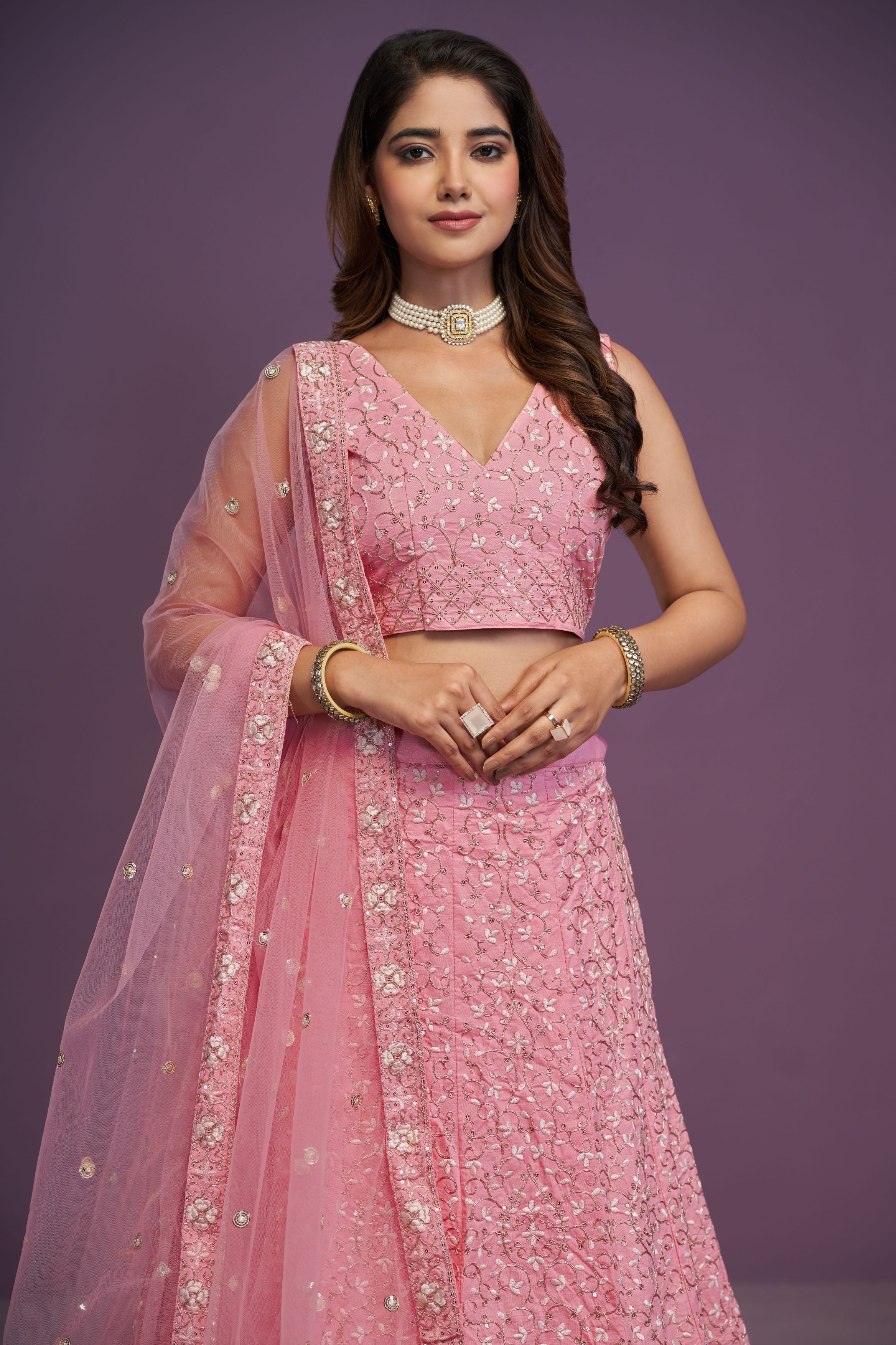 Pink Malai silk Zari,Sequence Embroidery work lehenga choli