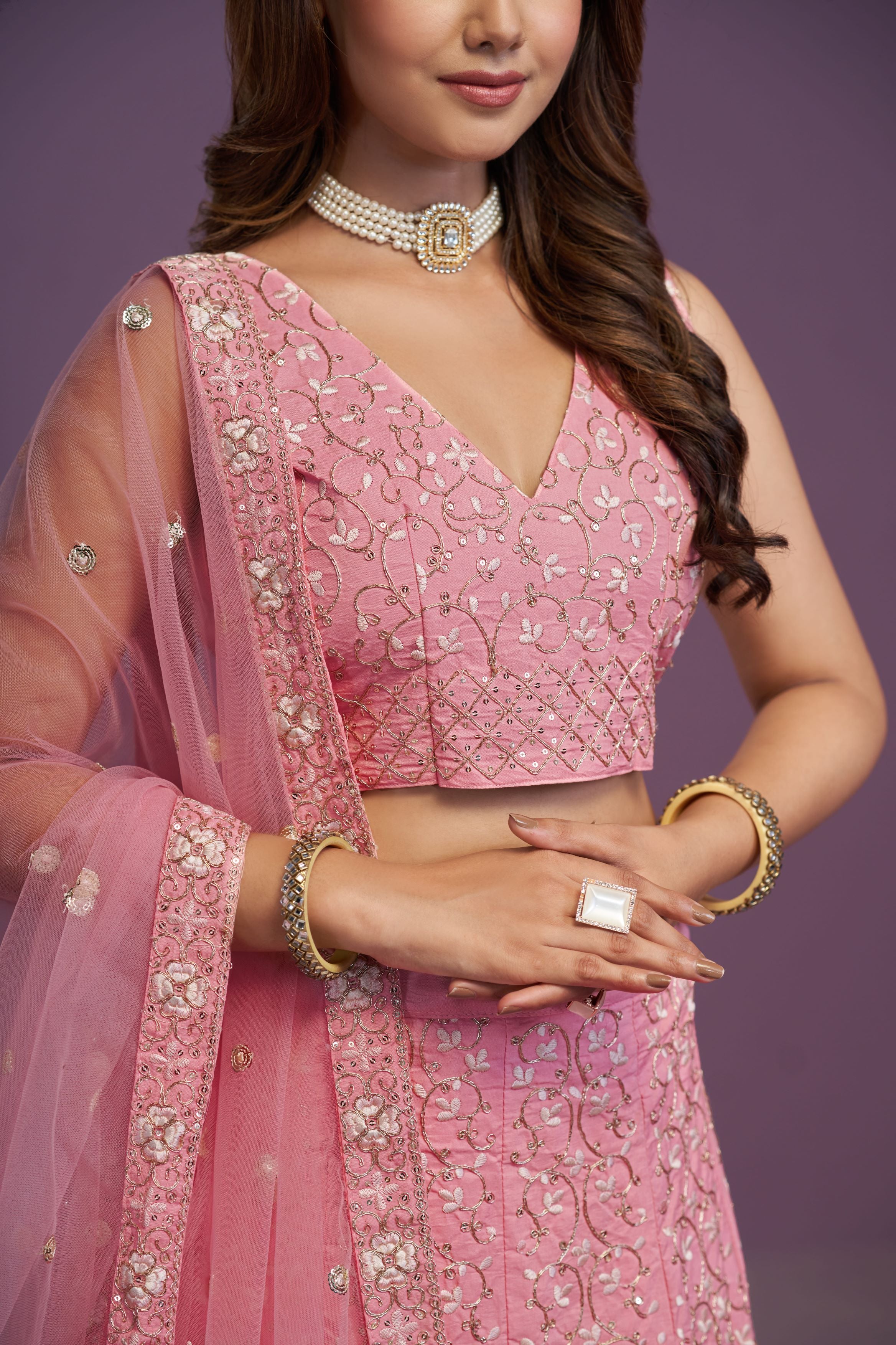 Pink Malai silk Zari,Sequence Embroidery work lehenga choli