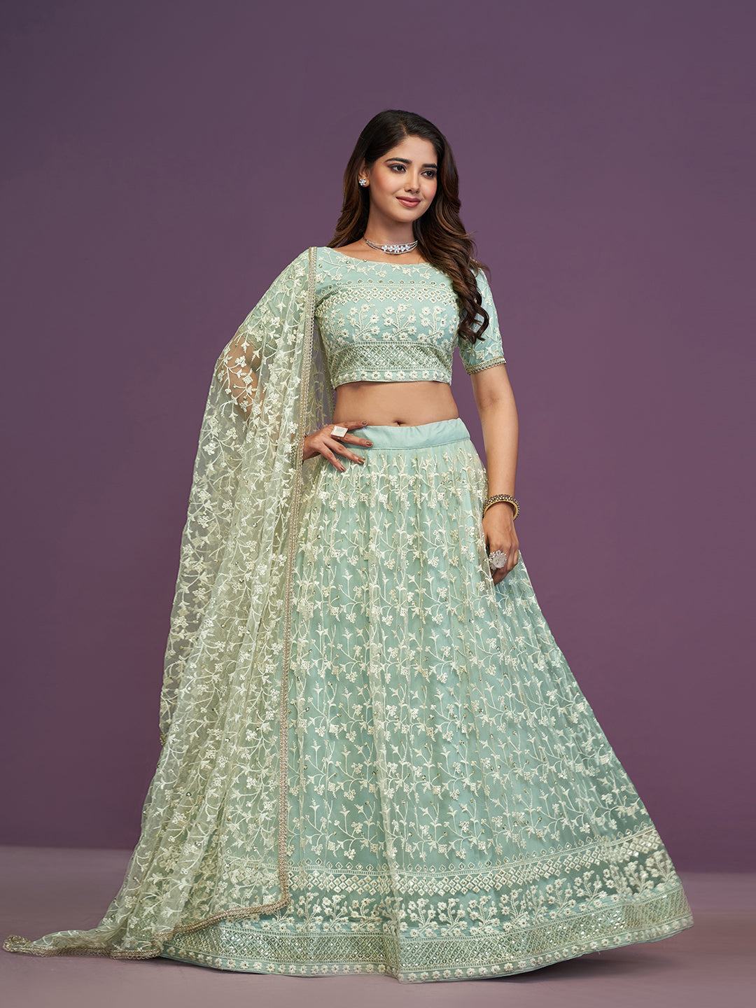 Pista Green Soft Net Thread Embroidery Work Lehenga Choli