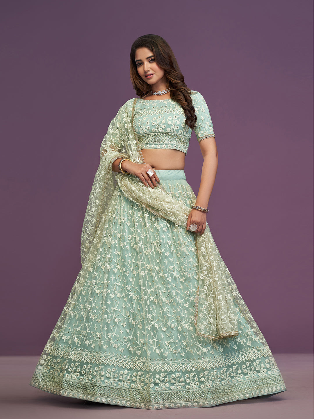Pista Green Soft Net Thread Embroidery Work Lehenga Choli