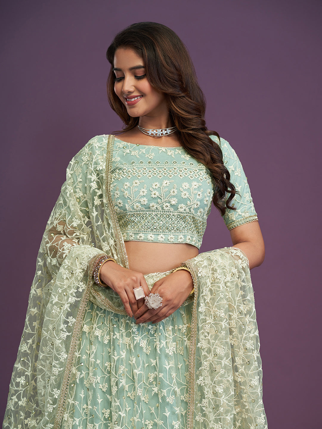 Pista Green Soft Net Thread Embroidery Work Lehenga Choli