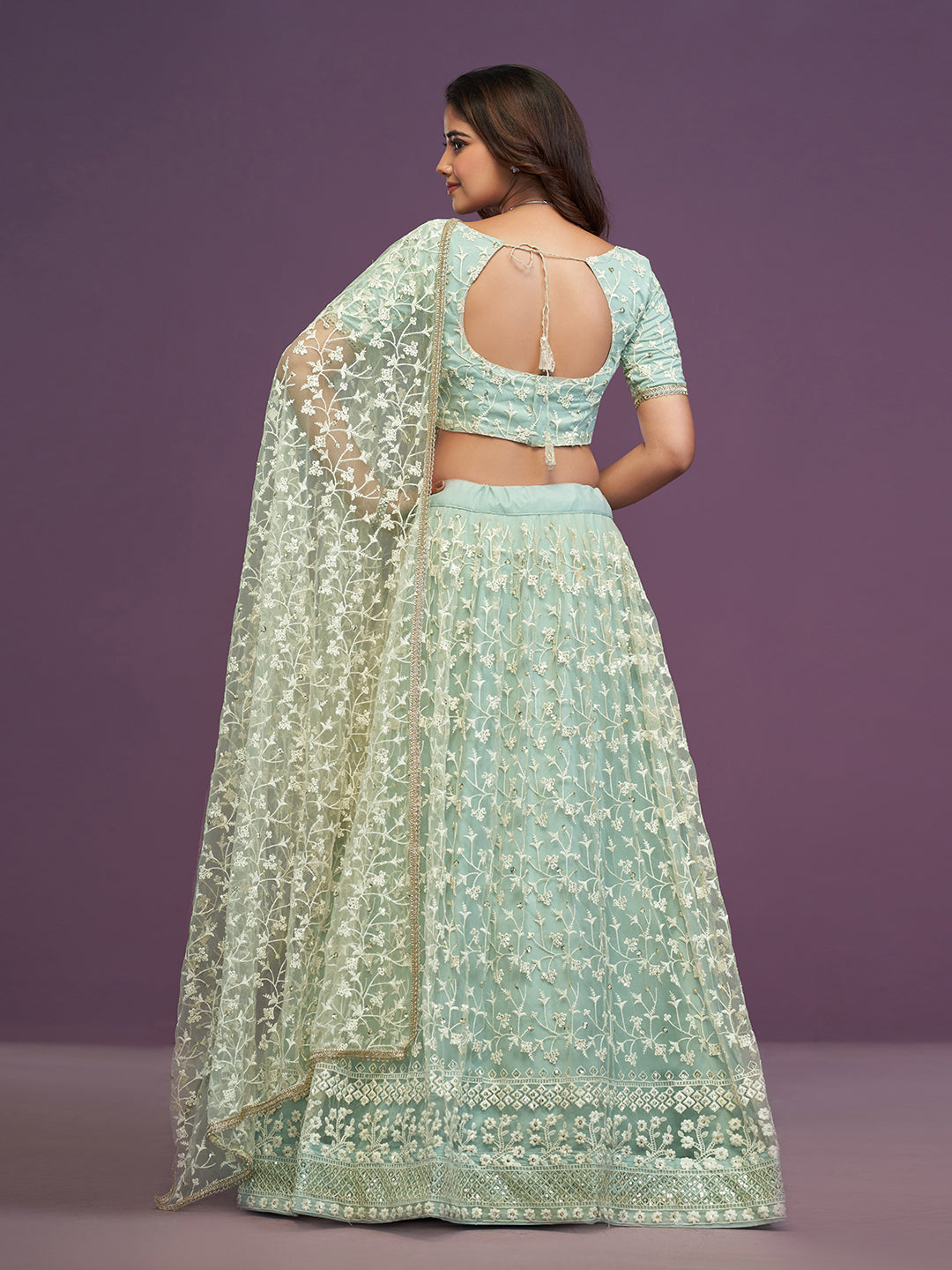 Pista Green Soft Net Thread Embroidery Work Lehenga Choli
