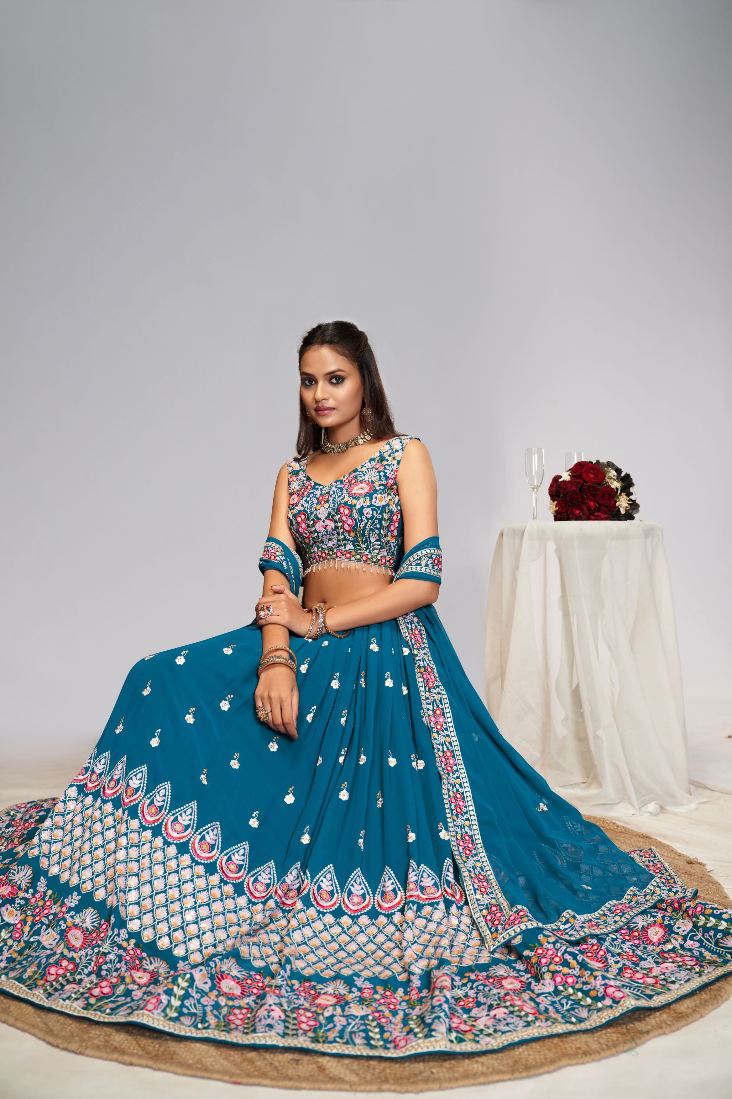 Teal Blue Georgette Sequence Zari, Thread Embroidery Work Lehenga Choli