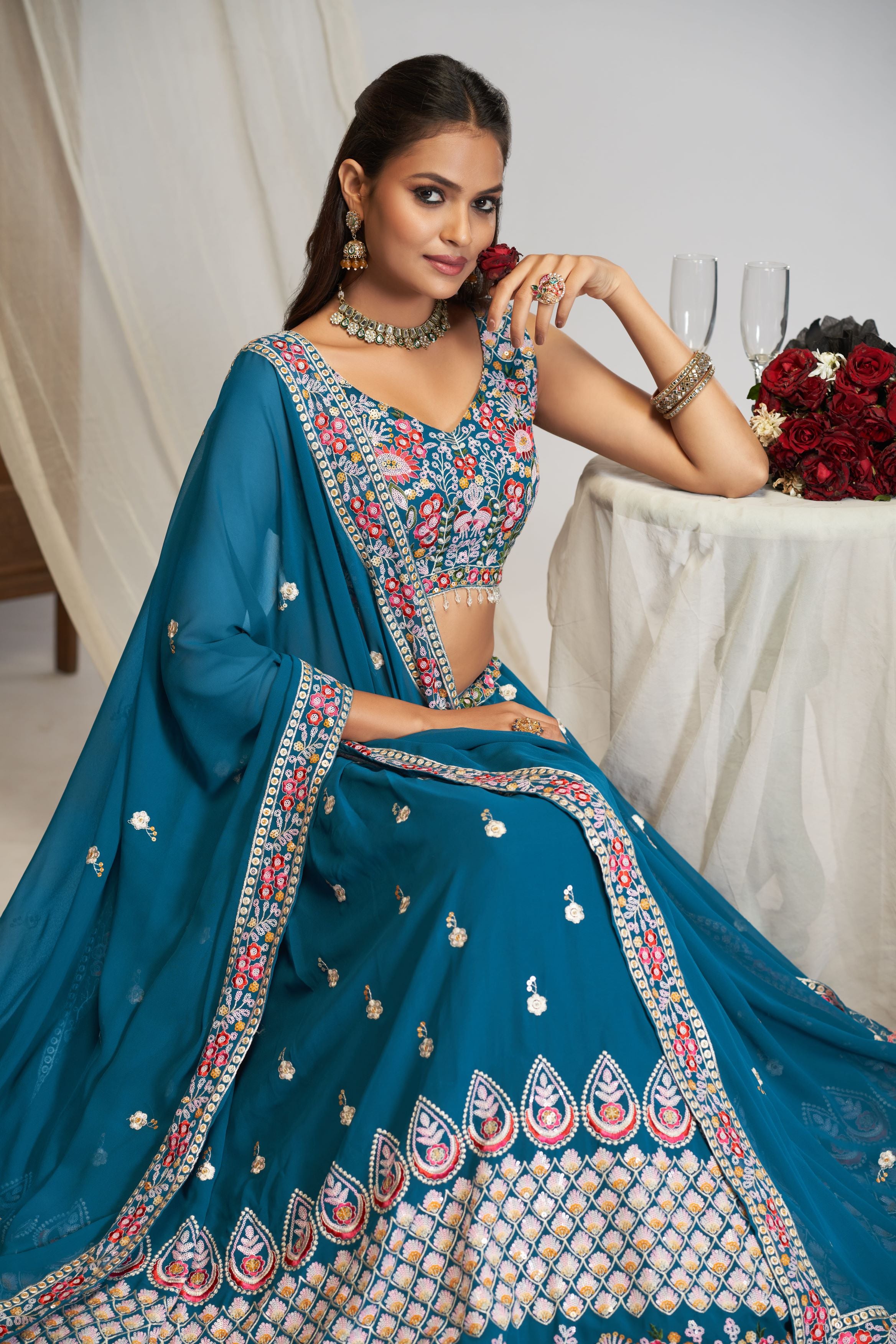 Teal Blue Georgette Sequence Zari, Thread Embroidery Work Lehenga Choli