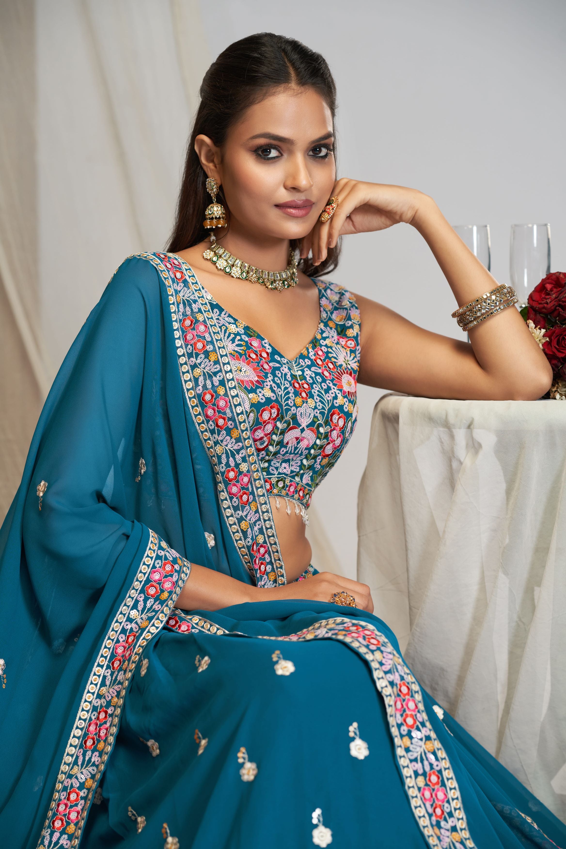 Teal Blue Georgette Sequence Zari, Thread Embroidery Work Lehenga Choli