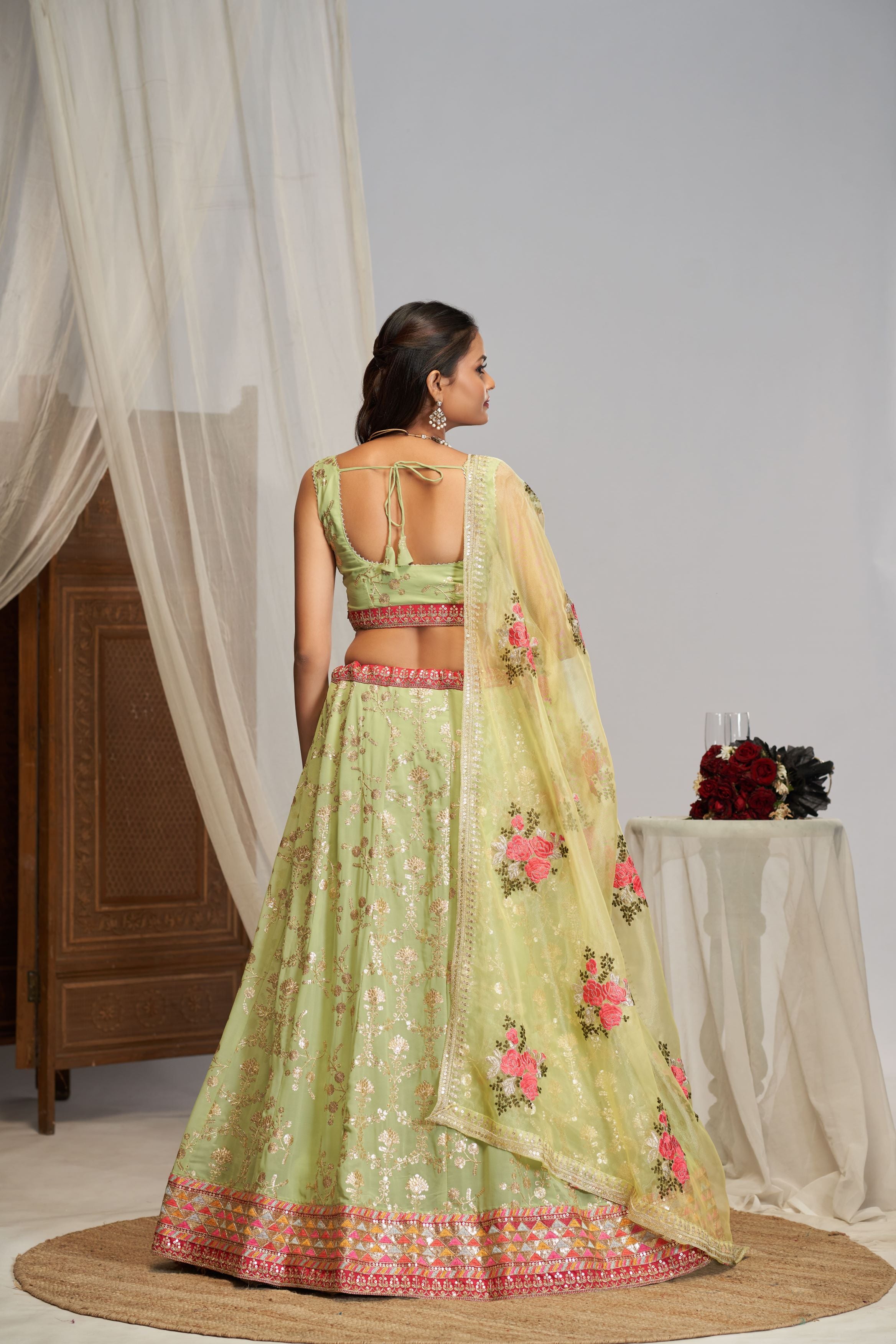 Pista green Zari Thread Sequence Embroidery Work Lehenga Choli