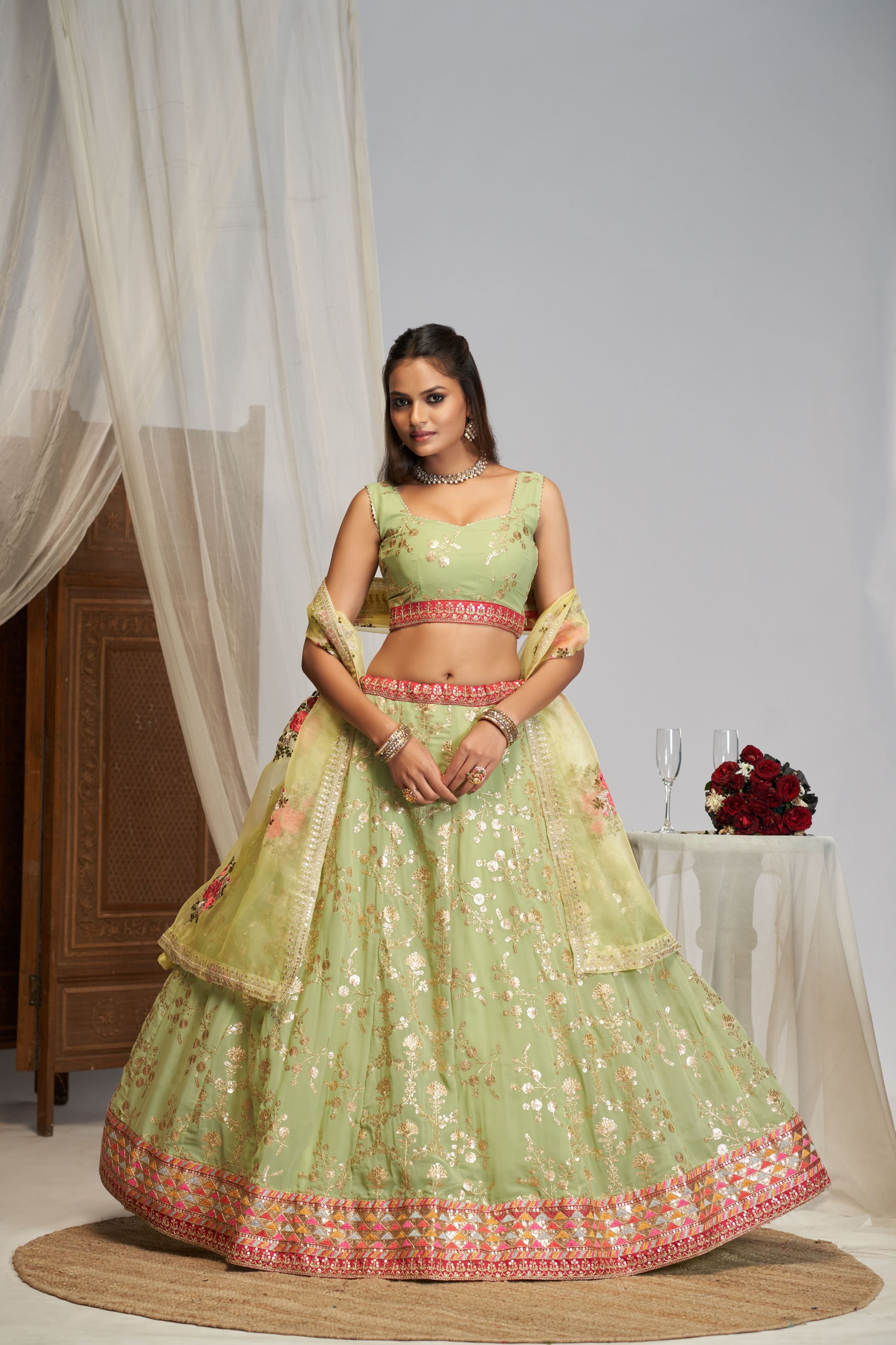 Pista green Zari Thread Sequence Embroidery Work Lehenga Choli