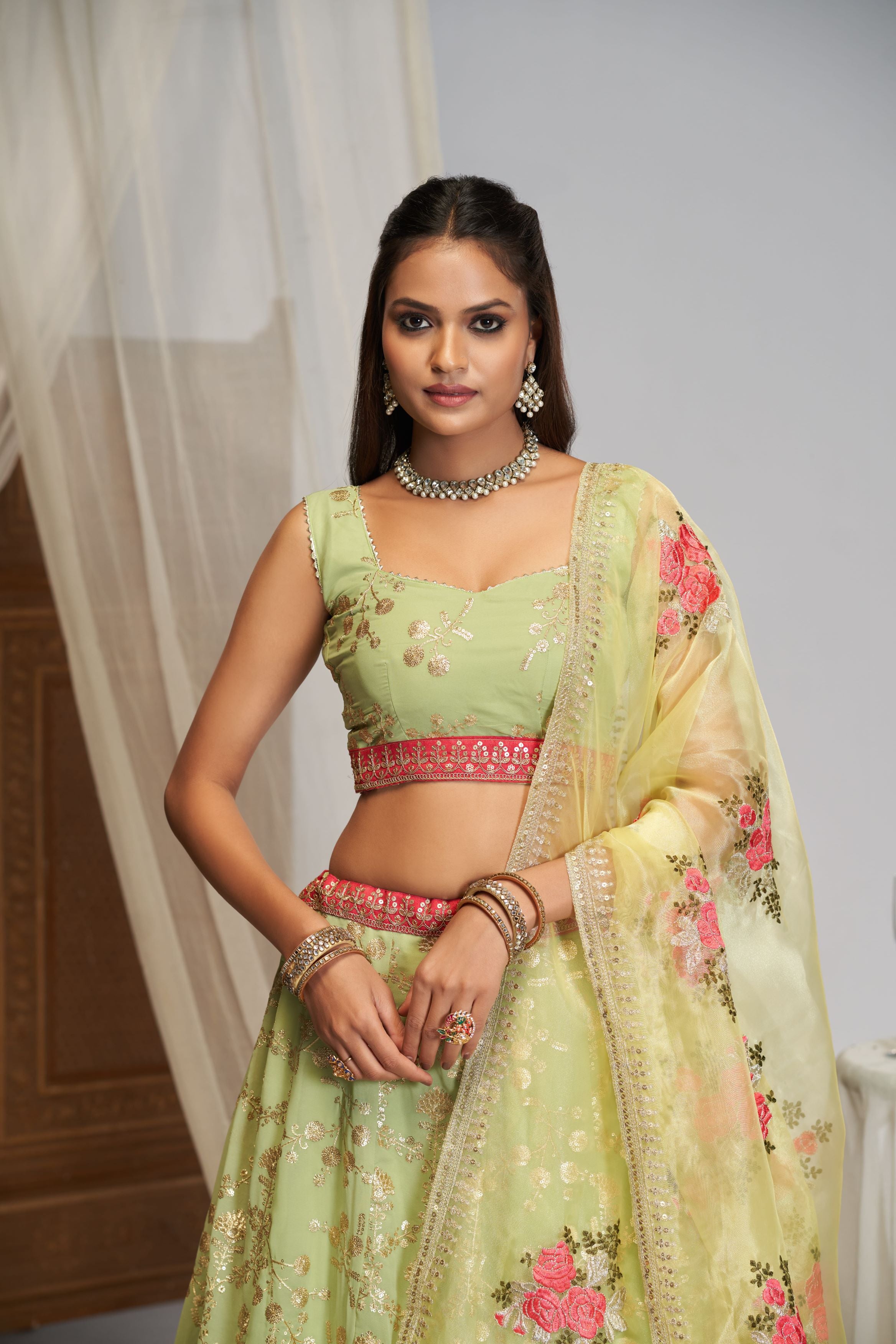 Pista green Zari Thread Sequence Embroidery Work Lehenga Choli