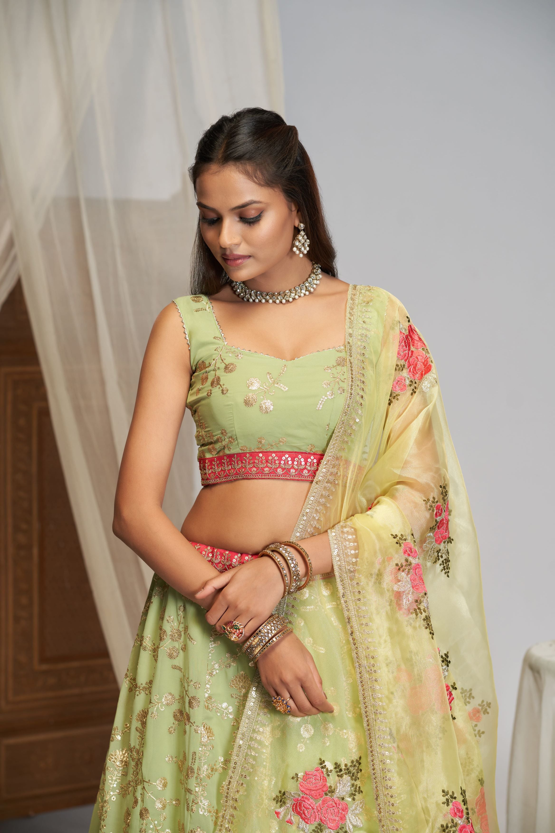 Pista green Zari Thread Sequence Embroidery Work Lehenga Choli