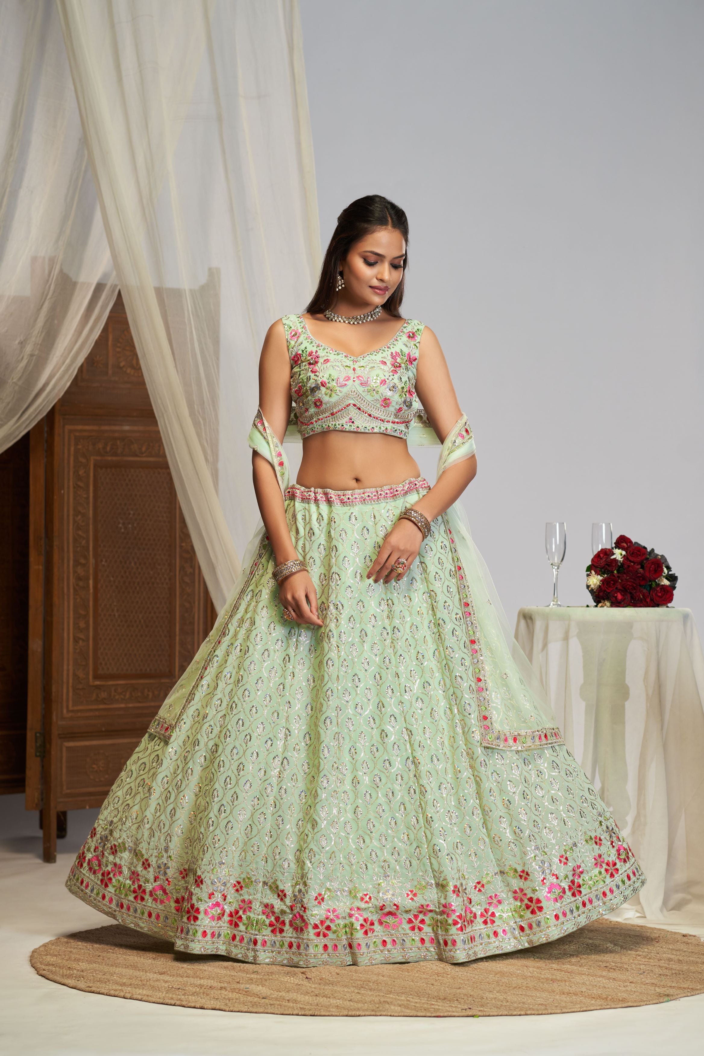 Pastel Green Thread Embroidery Work Lehenga