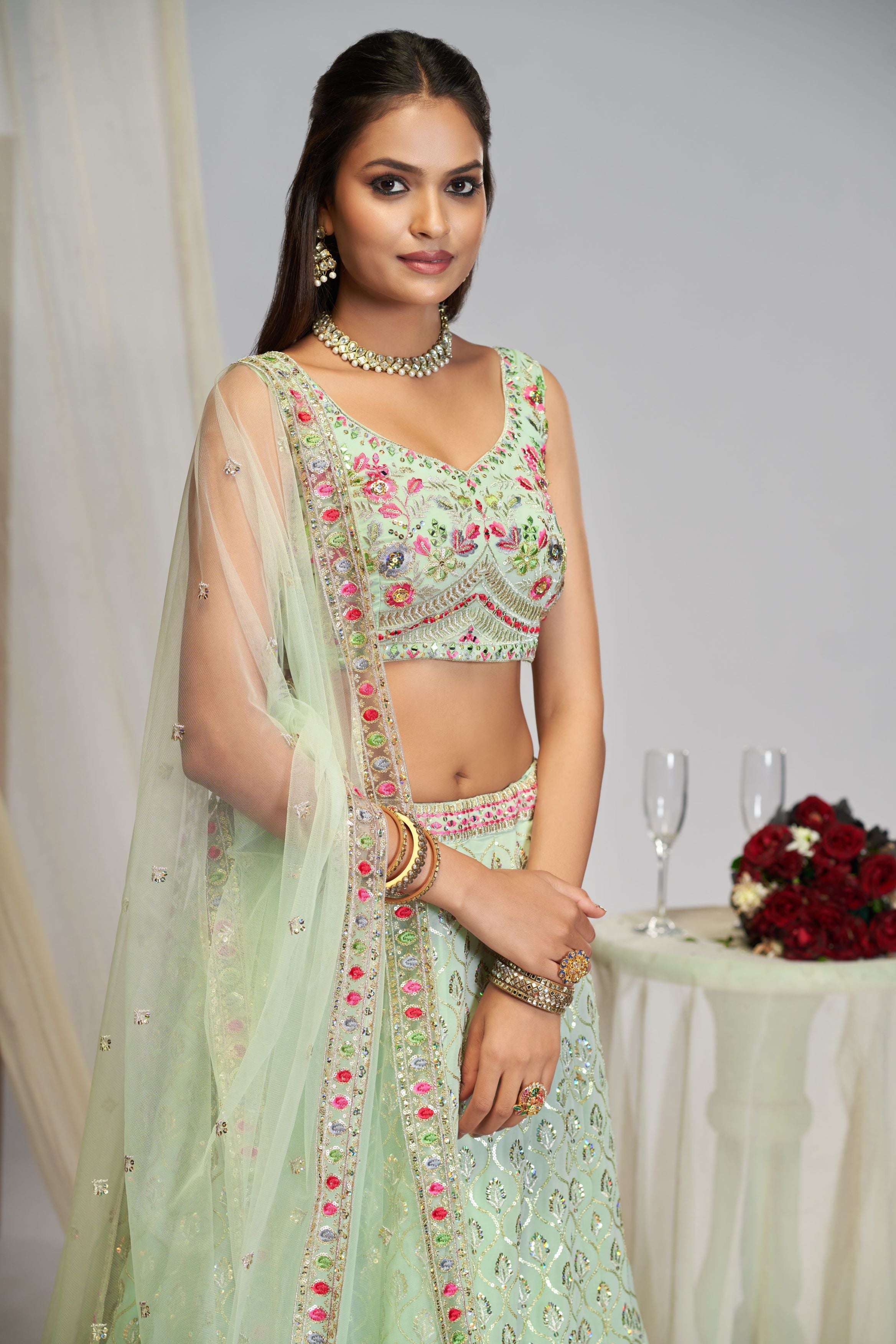 Pastel Green Thread Embroidery Work Lehenga