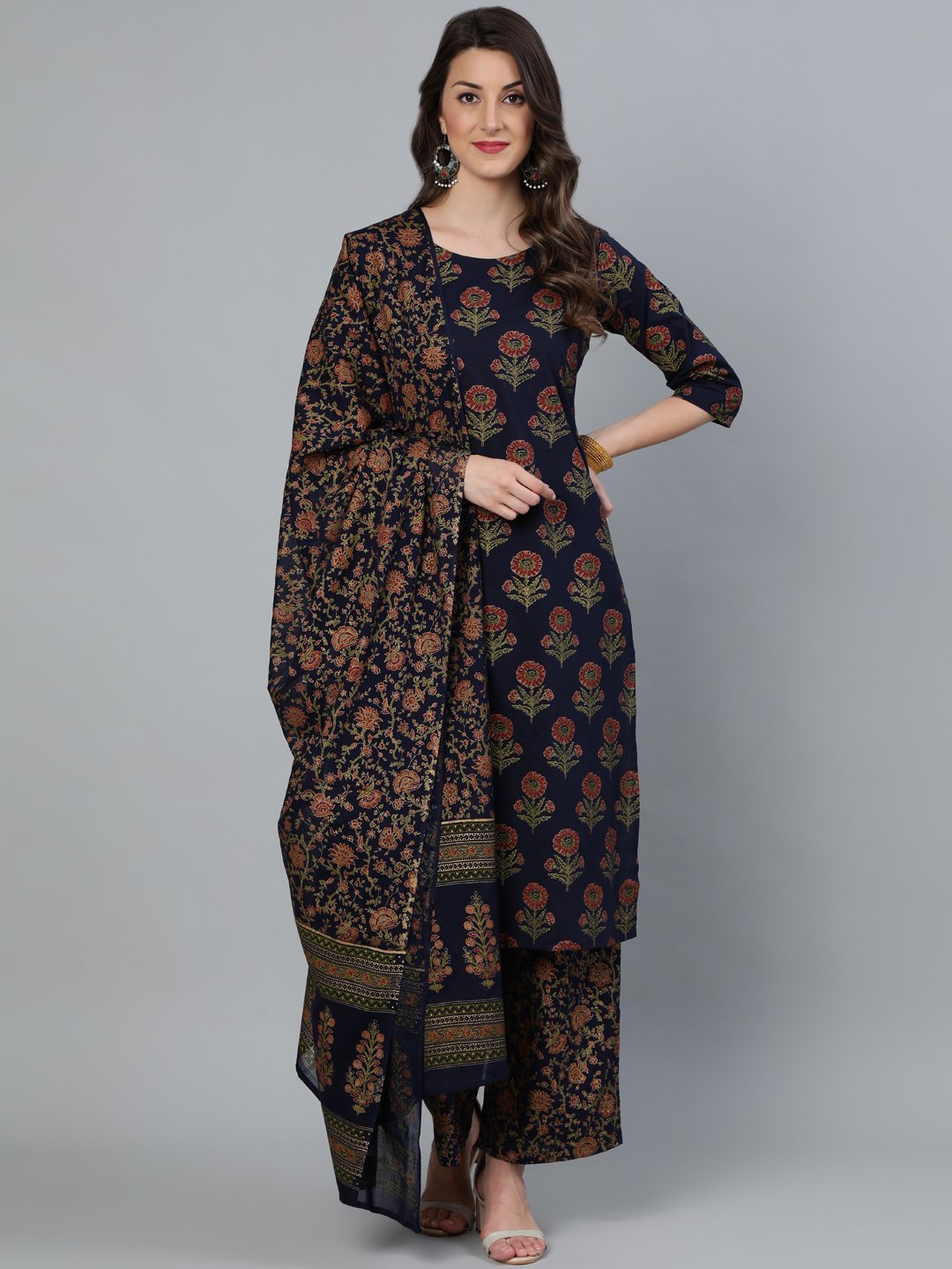 Women Blue And Gold Printed Traight Kurta With Palazzo & Dupatta