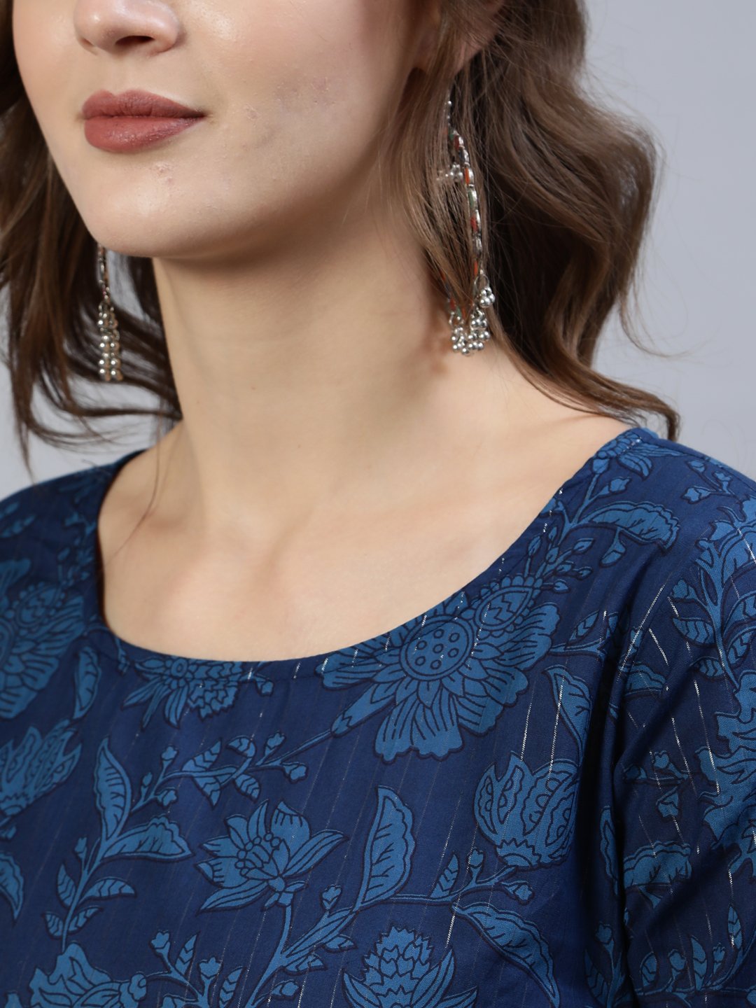 Women Indigo Floral Printed Straight Kurta With Palazzo & Dupatta