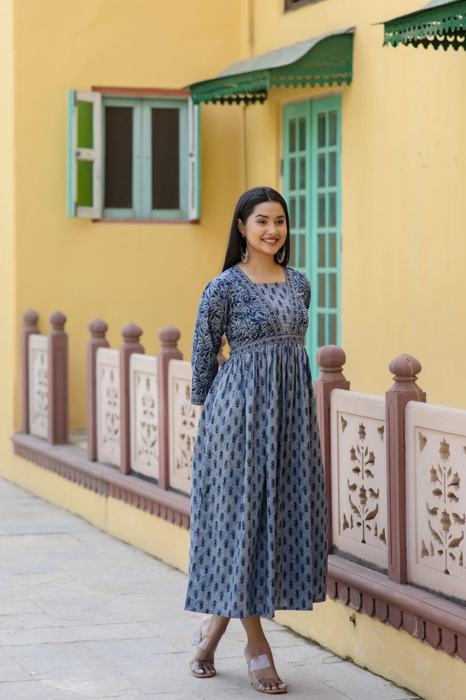 Women Grey Ethnic Printed Flared Dress