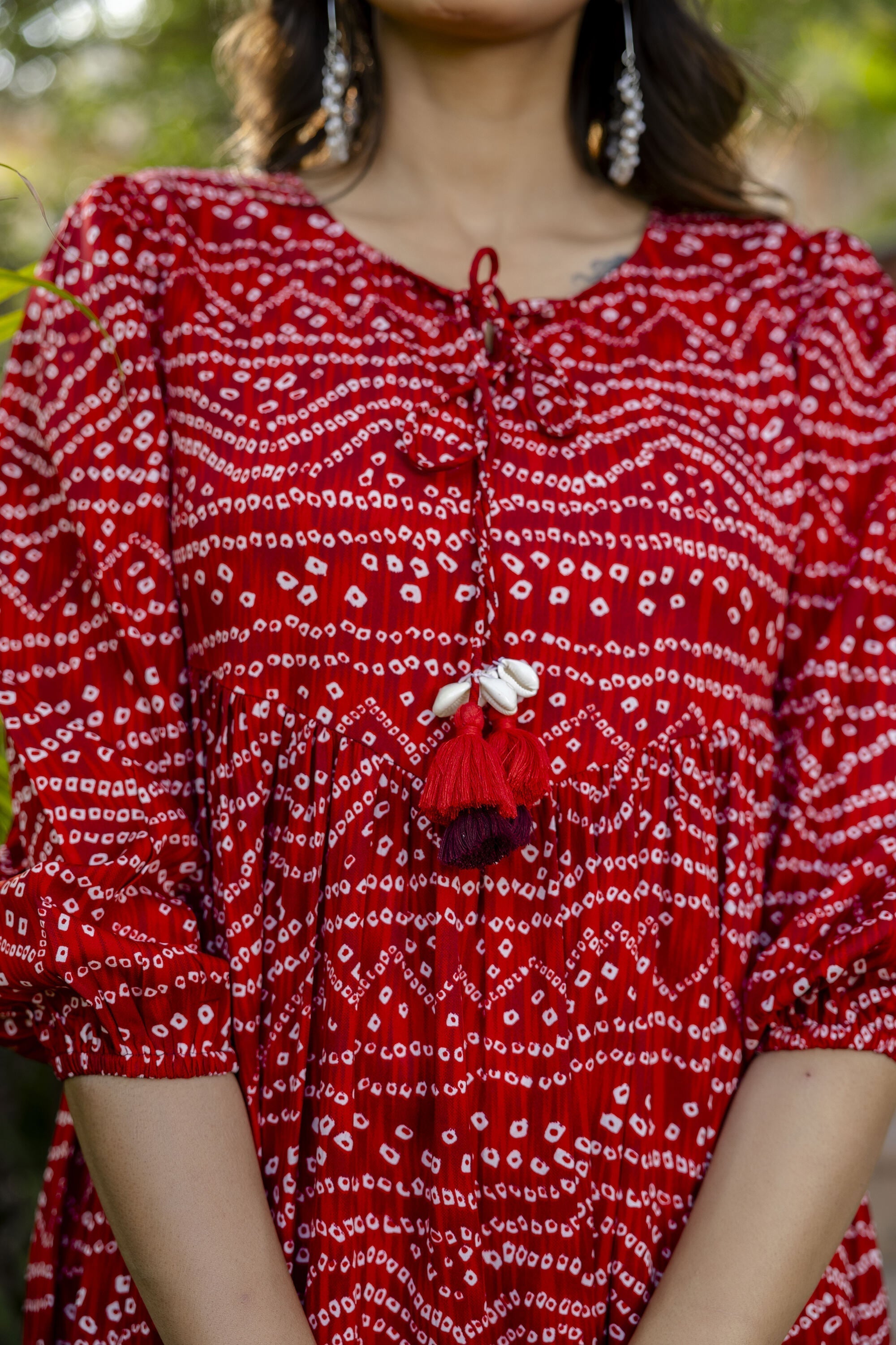 Women Red Bandhani Printed Flared Dress