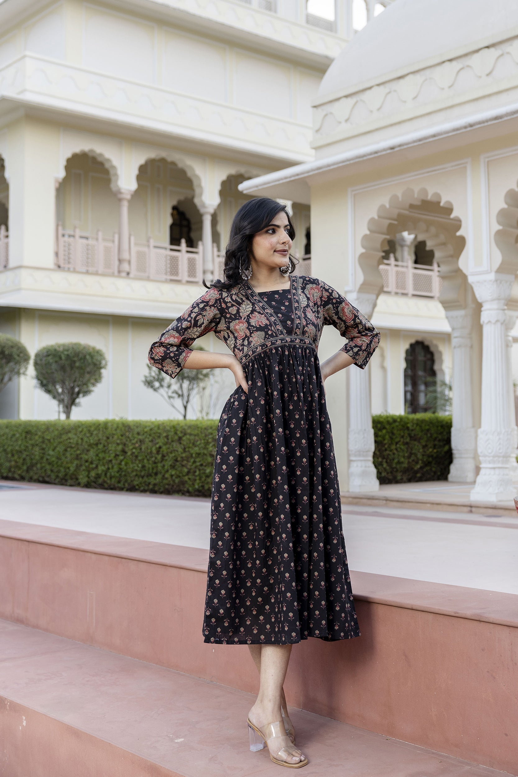 Women Black Ethnic Printed Flared Dress