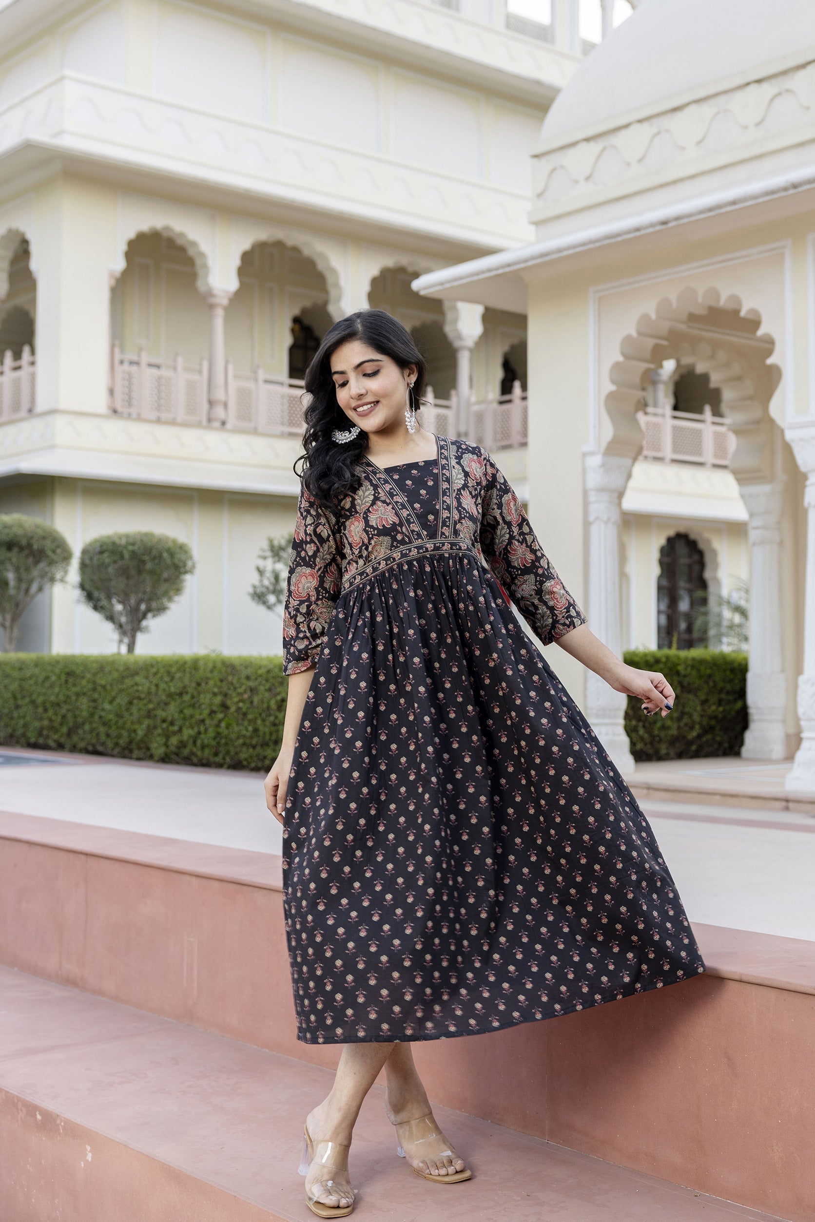 Women Black Ethnic Printed Flared Dress