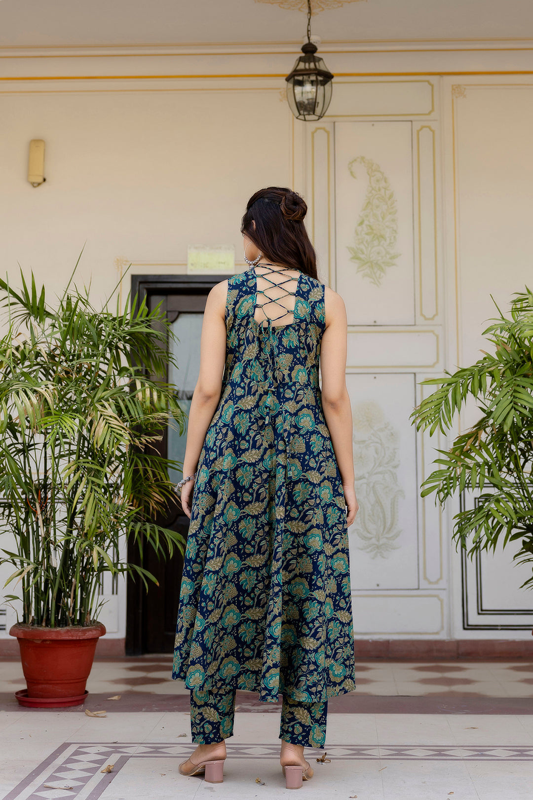 Women Blue Floral Printed Anarkali Kurta With Trouser And Dupatta