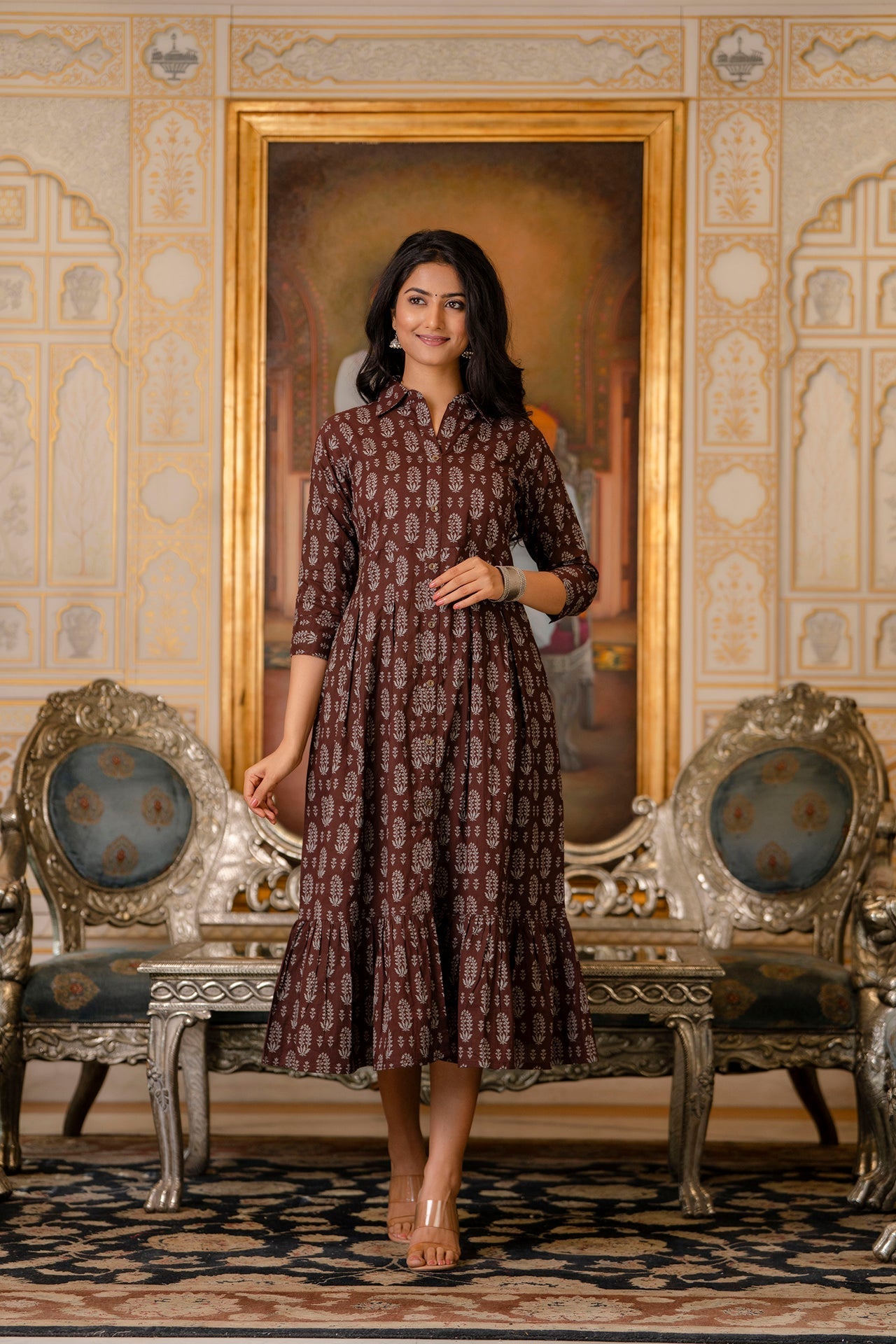Women Brown Ethnic Printed Flared Dress