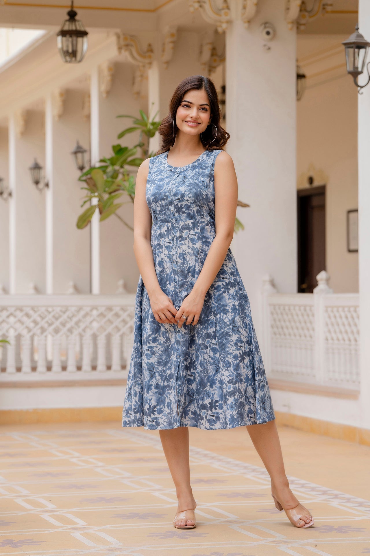 Women Blue Printed Flared Dress