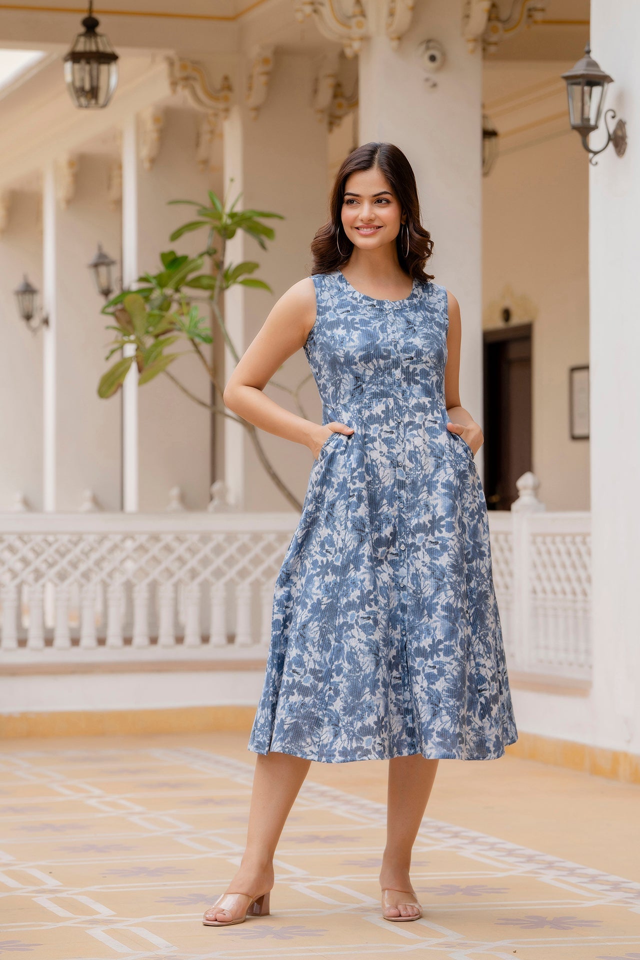 Women Blue Printed Flared Dress