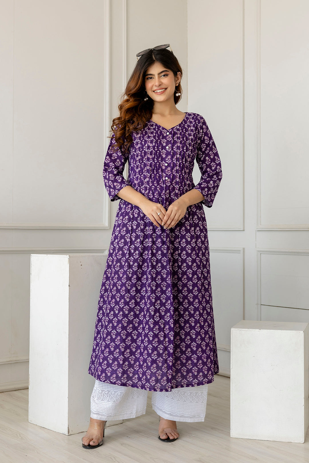 Women Purple Printed A-Line Kurta With Three Quarter Sleeves
