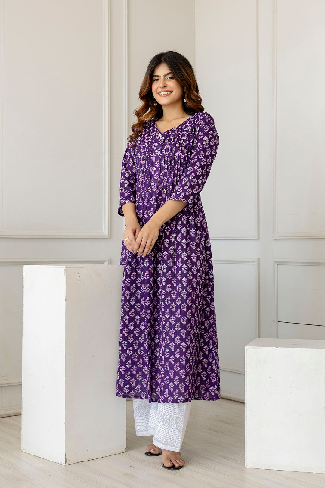 Women Purple Printed A-Line Kurta With Three Quarter Sleeves