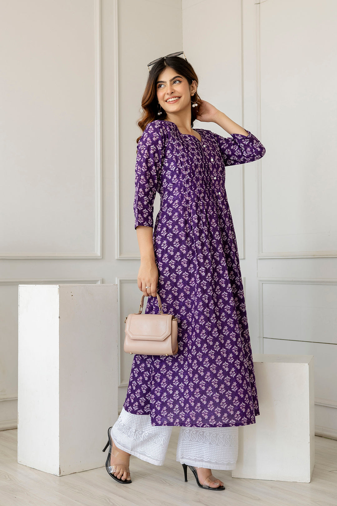 Women Purple Printed A-Line Kurta With Three Quarter Sleeves