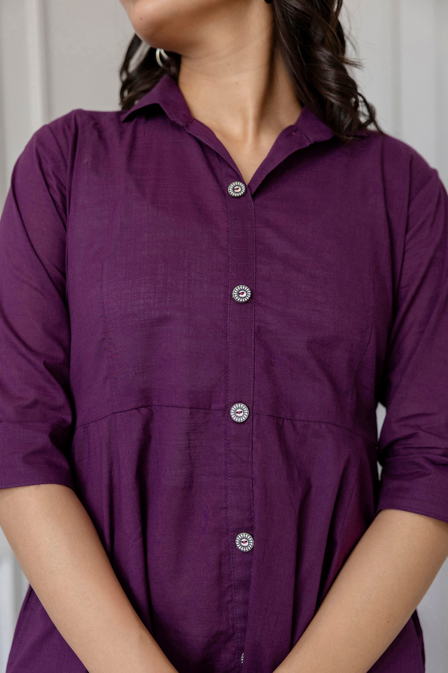 Women Purple Solid Flared Dress With Three Quarter Sleeves