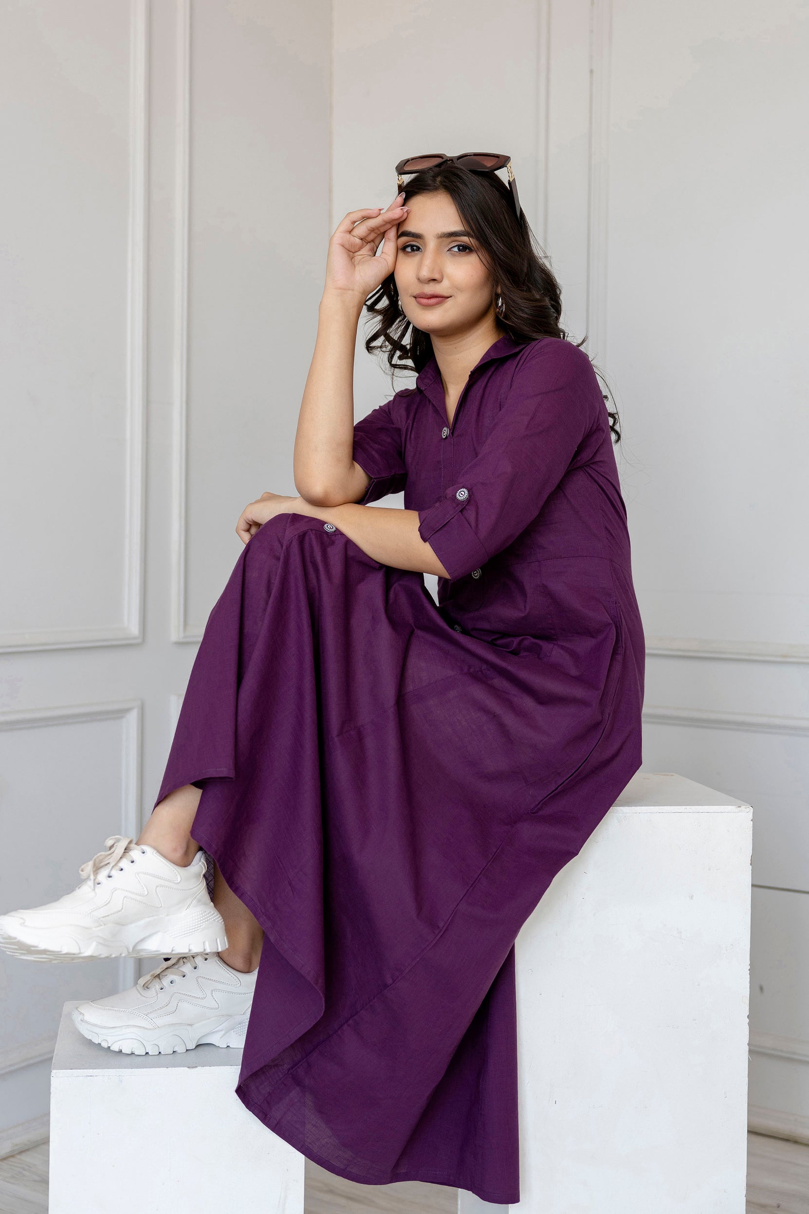 Women Purple Solid Flared Dress With Three Quarter Sleeves