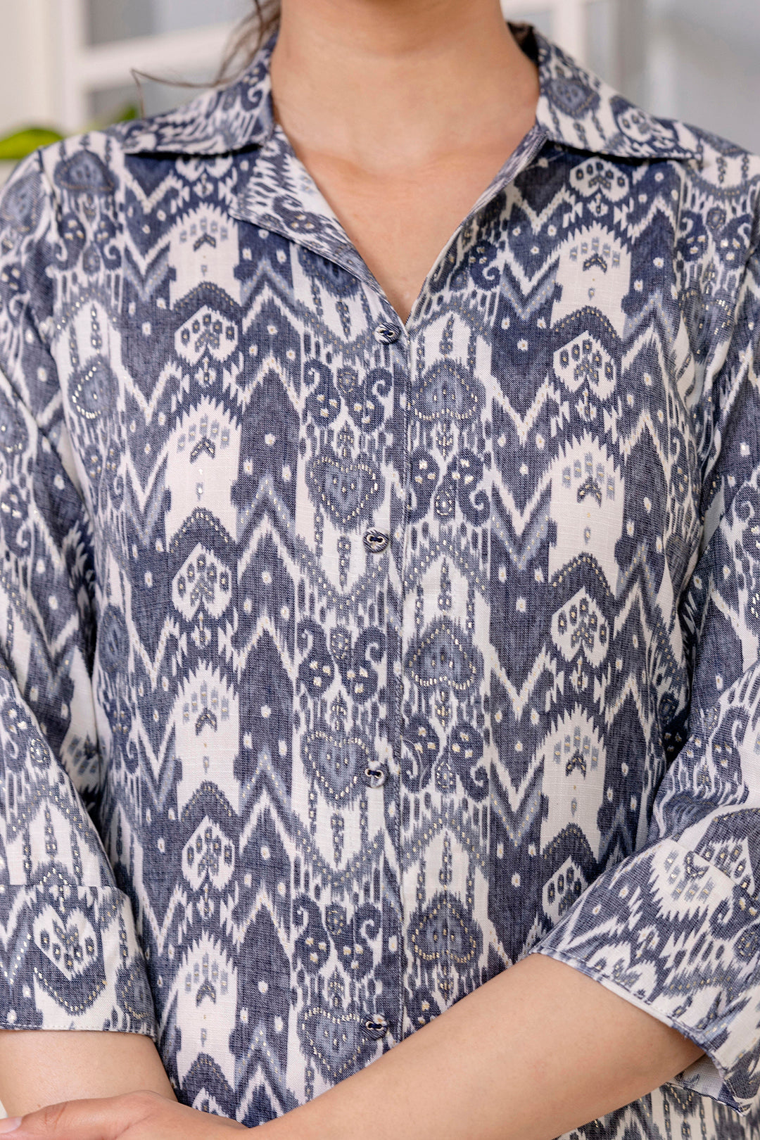 Women Grey Printed Straight Kurta Shirt Collar