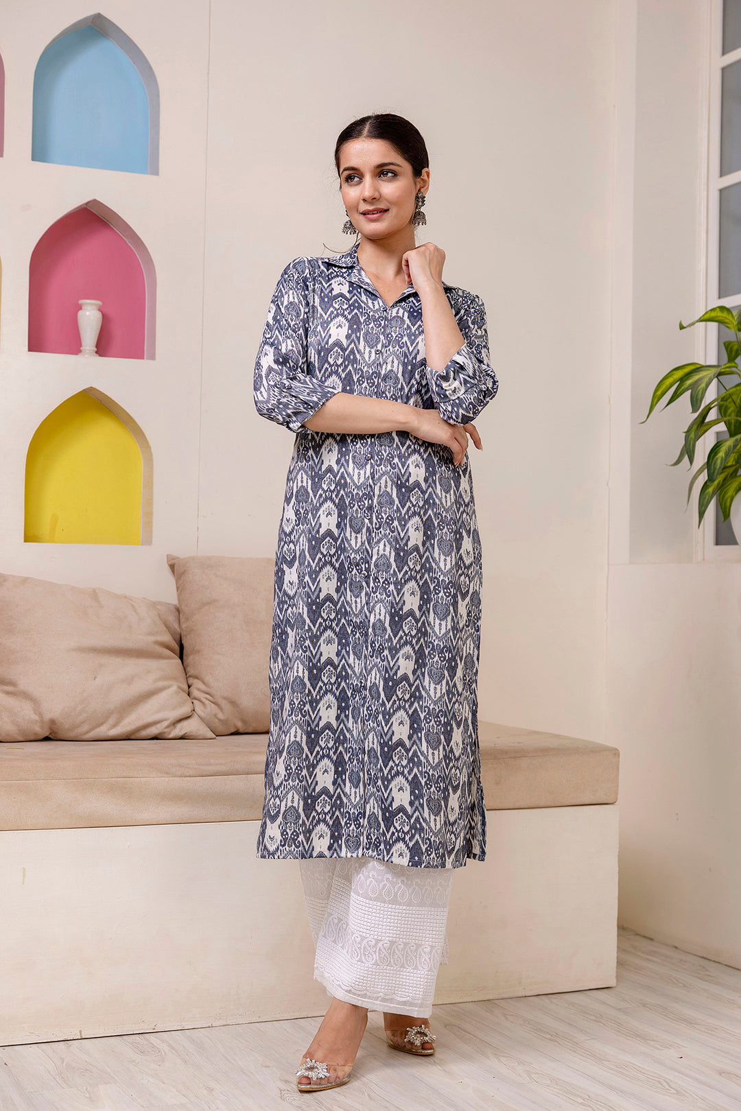 Women Grey Printed Straight Kurta Shirt Collar
