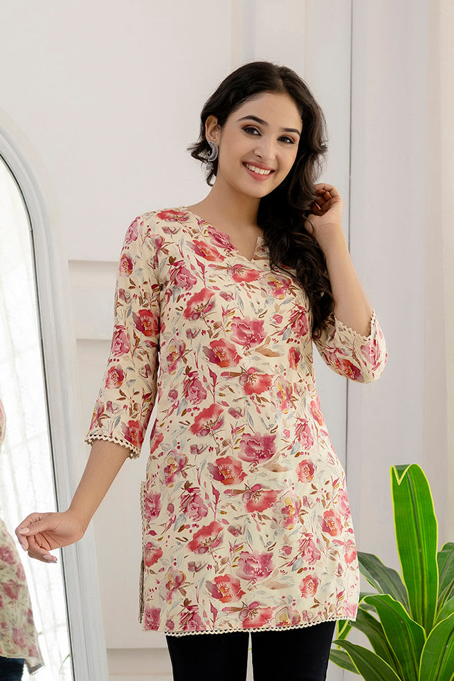 Women Pink And Off White Printed Straight Tunic