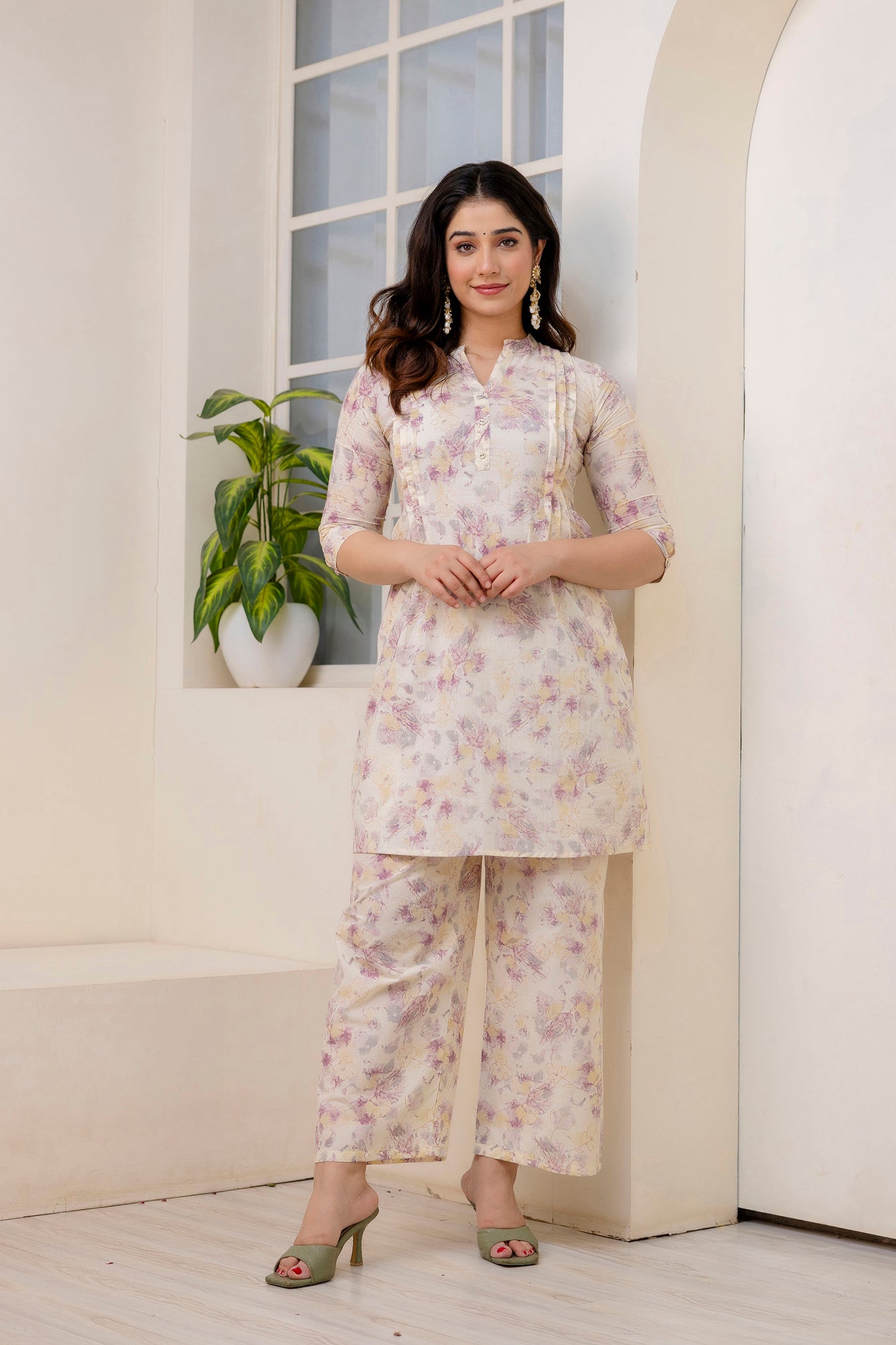 Women Cream Printed Co-Ord Set