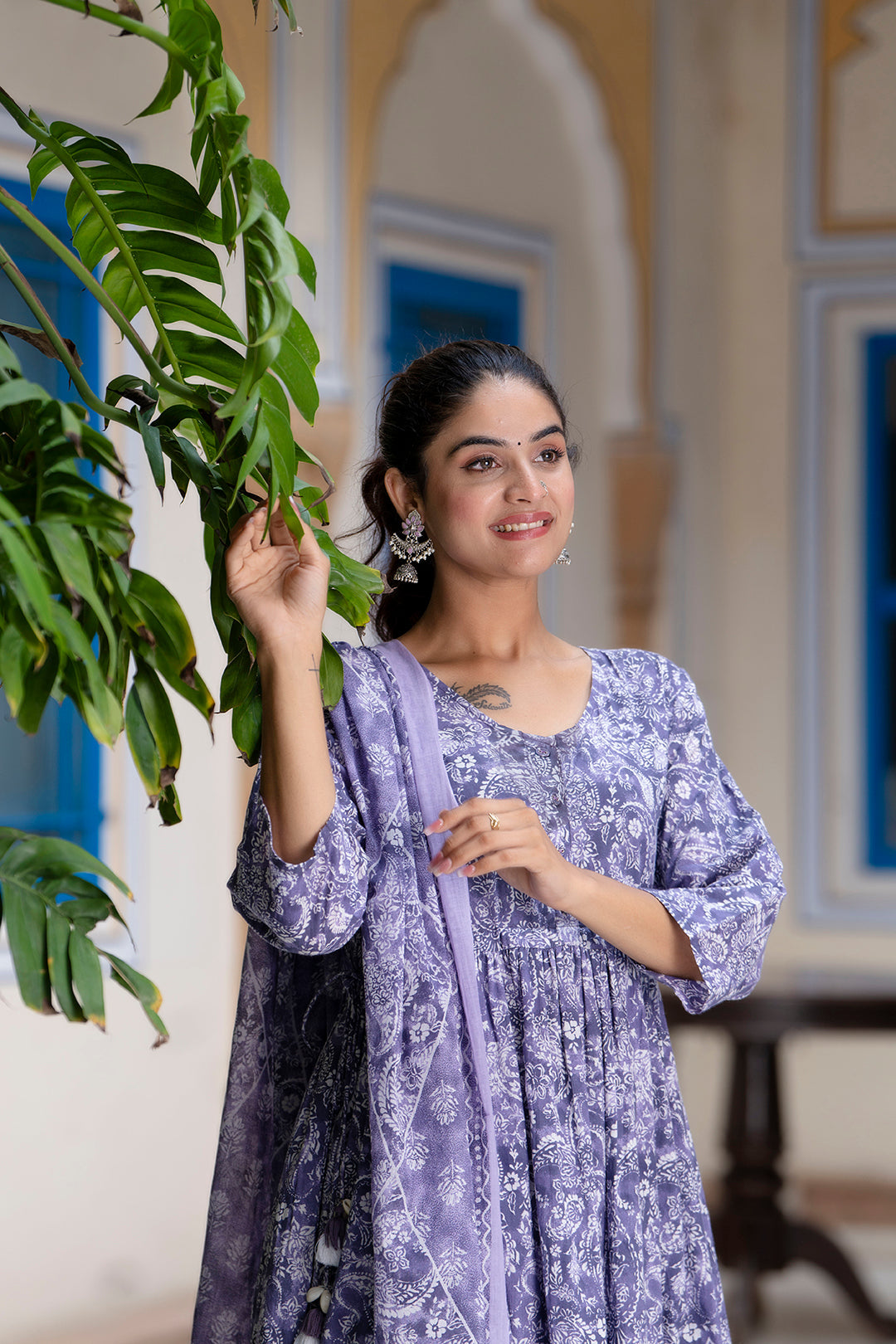 Purple Printed Anarkali Kurta Set With Dupatta For Women