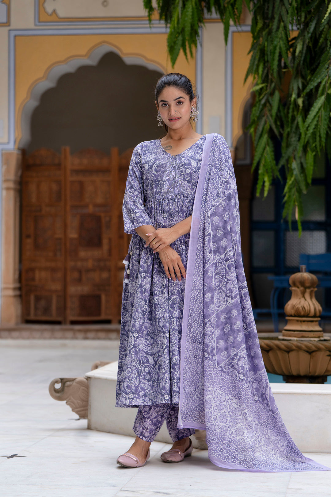 Purple Printed Anarkali Kurta Set With Dupatta For Women