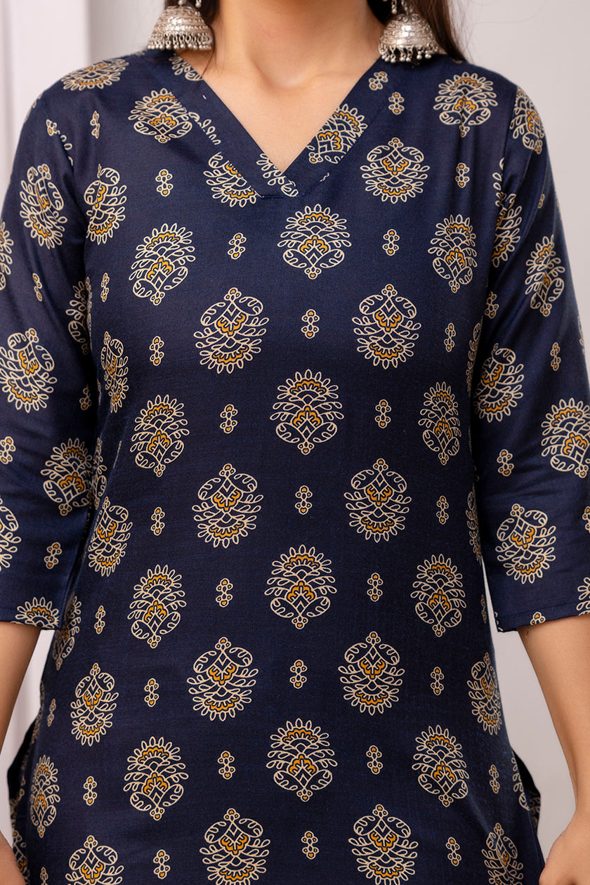 Navy Blue Printed Straight Kurta Set With Dupatta For Women