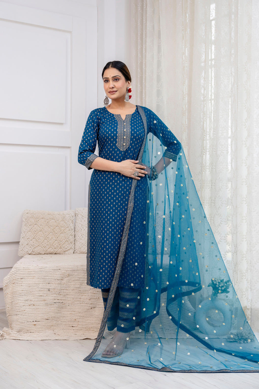 Blue Gold Printed Straight Kurta Set With Net Dupatta for Women