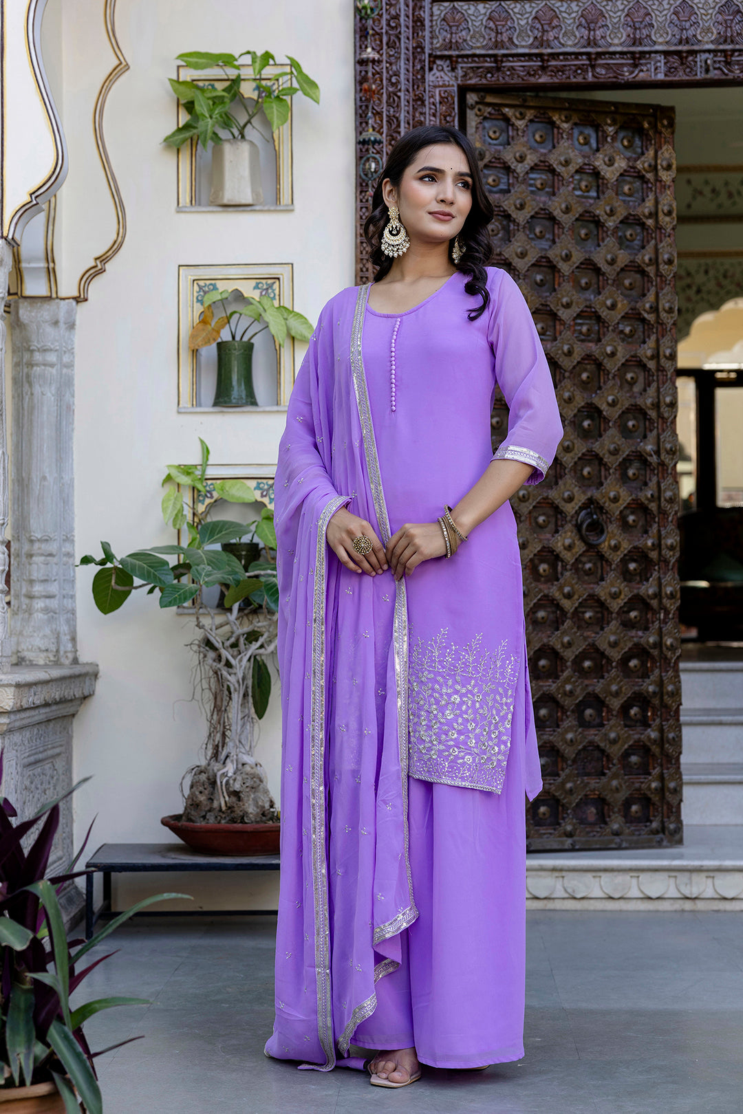 Lavender Embroidered Georgette Straight Kurta