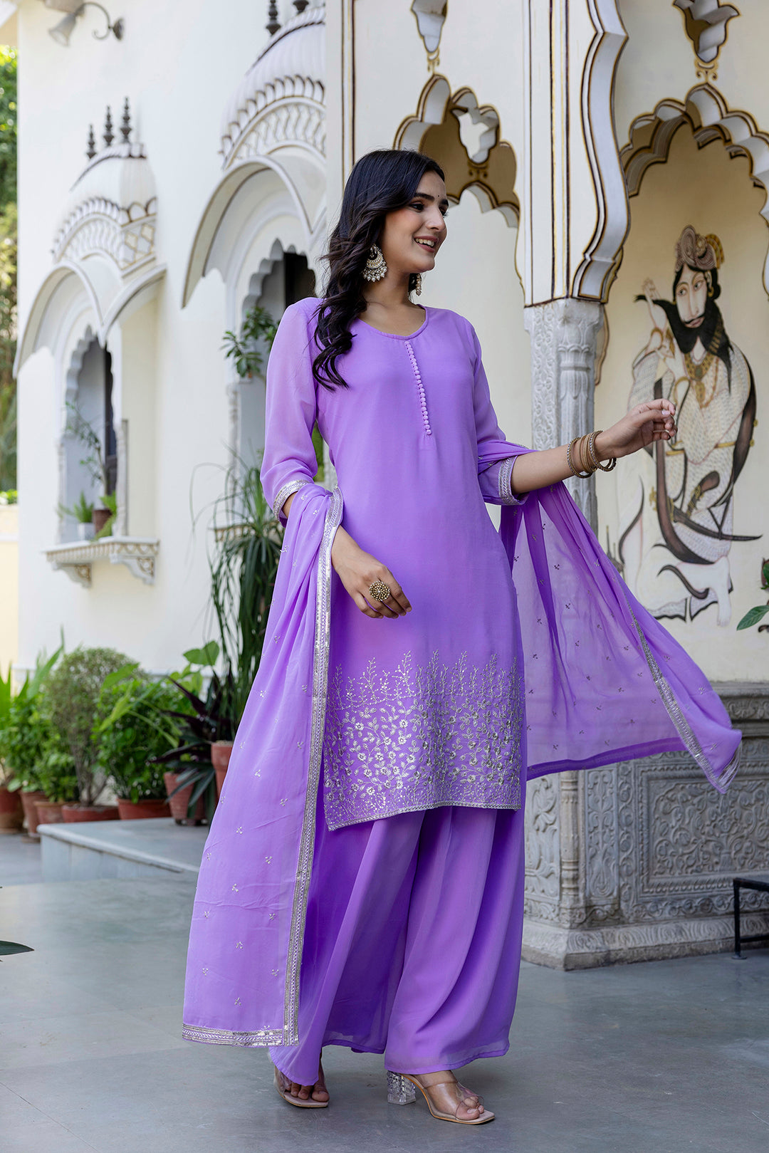 Lavender Embroidered Georgette Straight Kurta