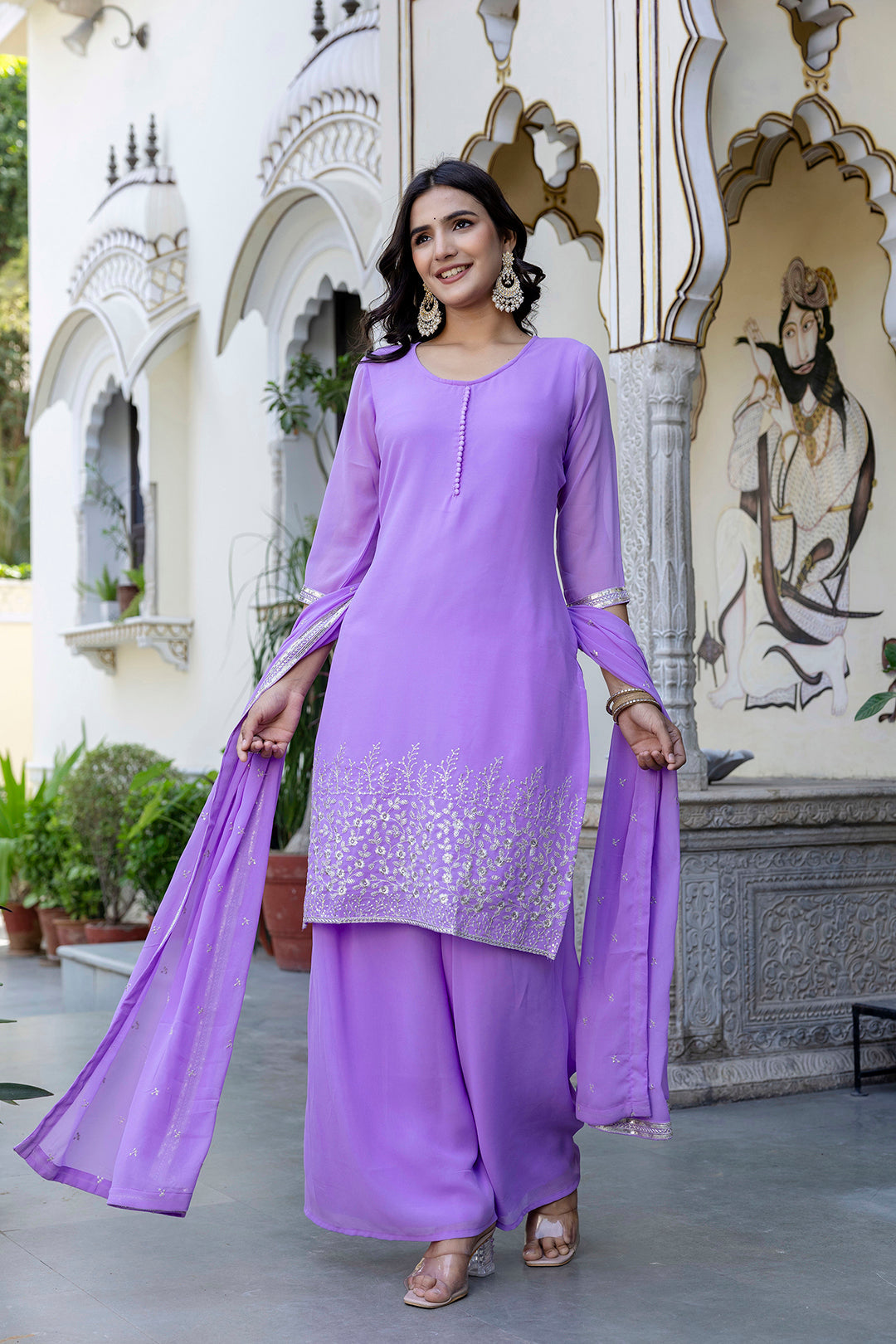 Lavender Embroidered Georgette Straight Kurta