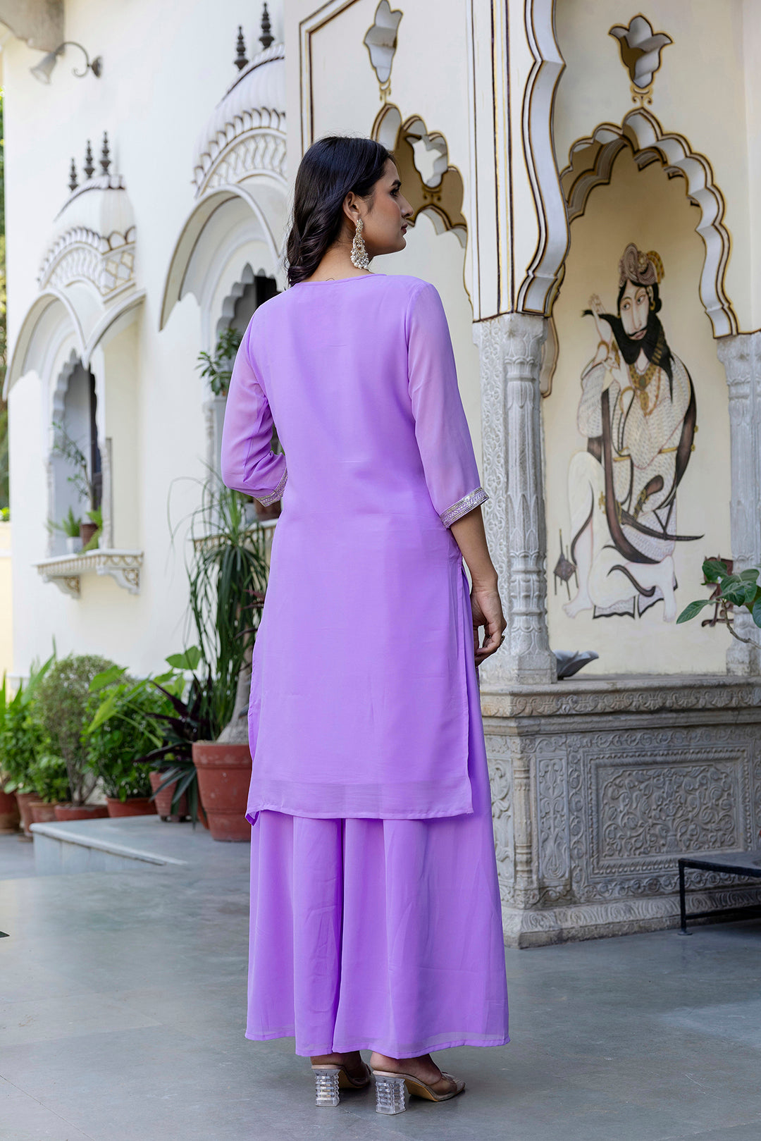 Lavender Embroidered Georgette Straight Kurta