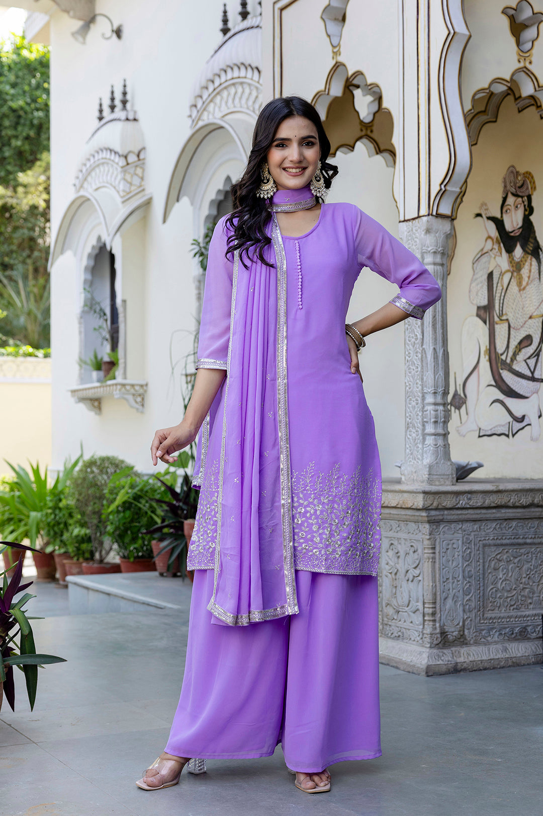 Lavender Embroidered Georgette Straight Kurta