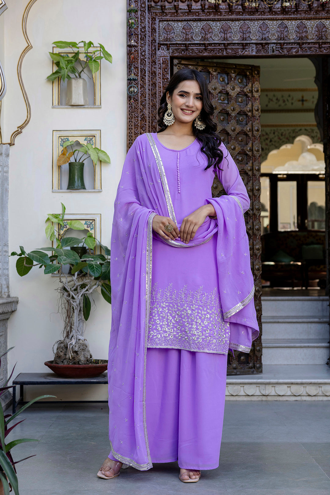 Lavender Embroidered Georgette Straight Kurta