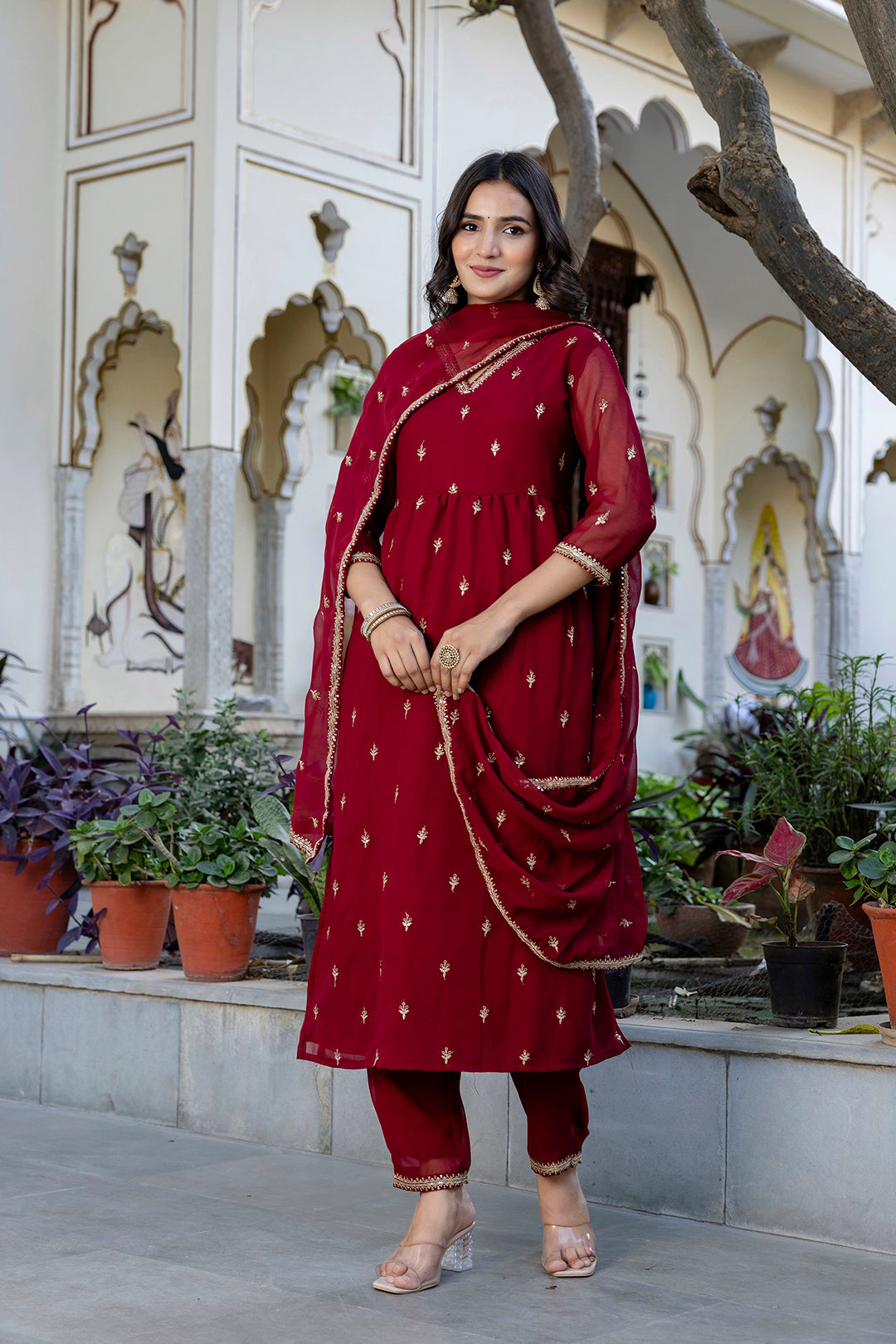 Maroon Embroidered Georgette A-Line Kurta