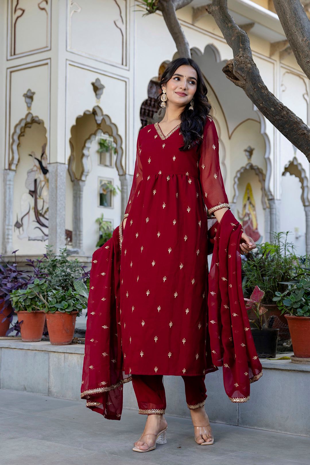 Maroon Embroidered Georgette A-Line Kurta