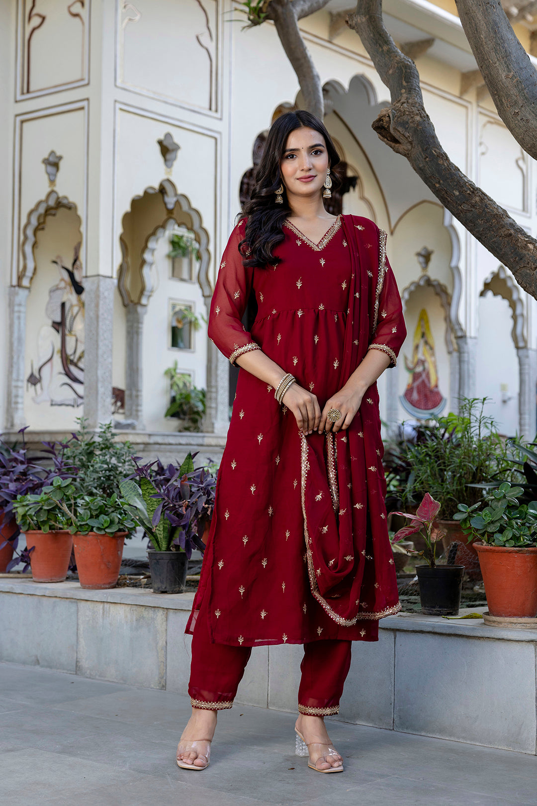 Maroon Embroidered Georgette A-Line Kurta