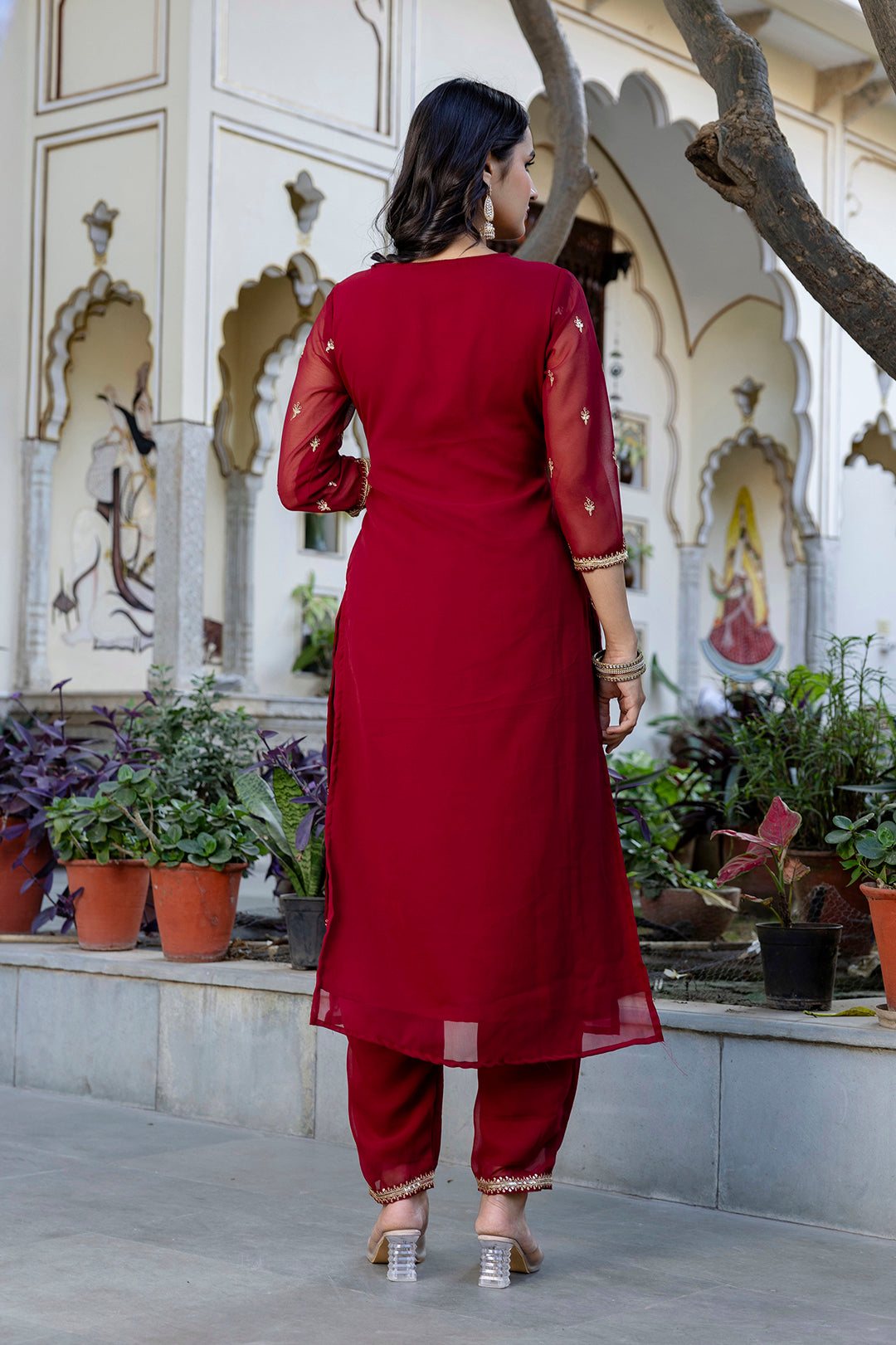 Maroon Embroidered Georgette A-Line Kurta