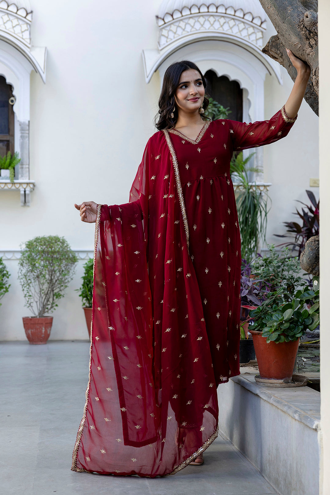 Maroon Embroidered Georgette A-Line Kurta